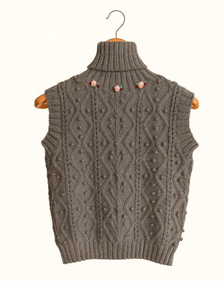 ROSA Grey Merino Wool Rollneck Vest with Cable & Bobble Knit - MICHAELA BUERGER