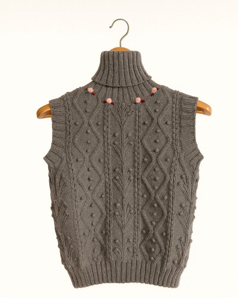 ROSA Grey Merino Wool Rollneck Vest with Cable & Bobble Knit - MICHAELA BUERGER