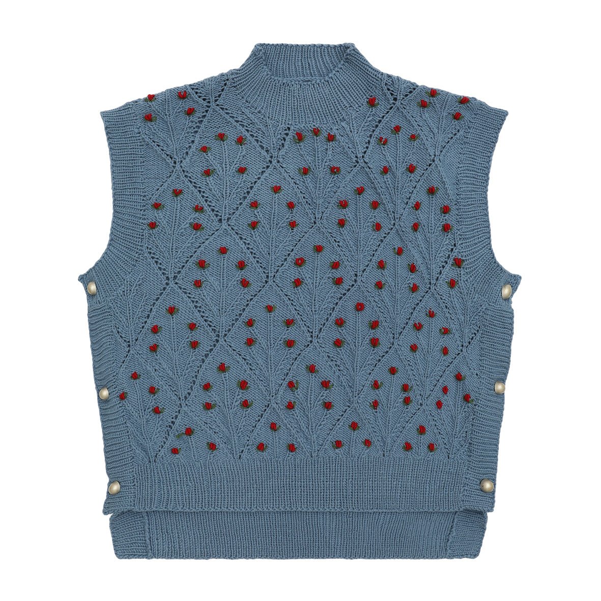 ROSIE Vest – Hand - Knitted Merino Wool with Rose Embroidery in Ice Blue - MICHAELA BUERGER