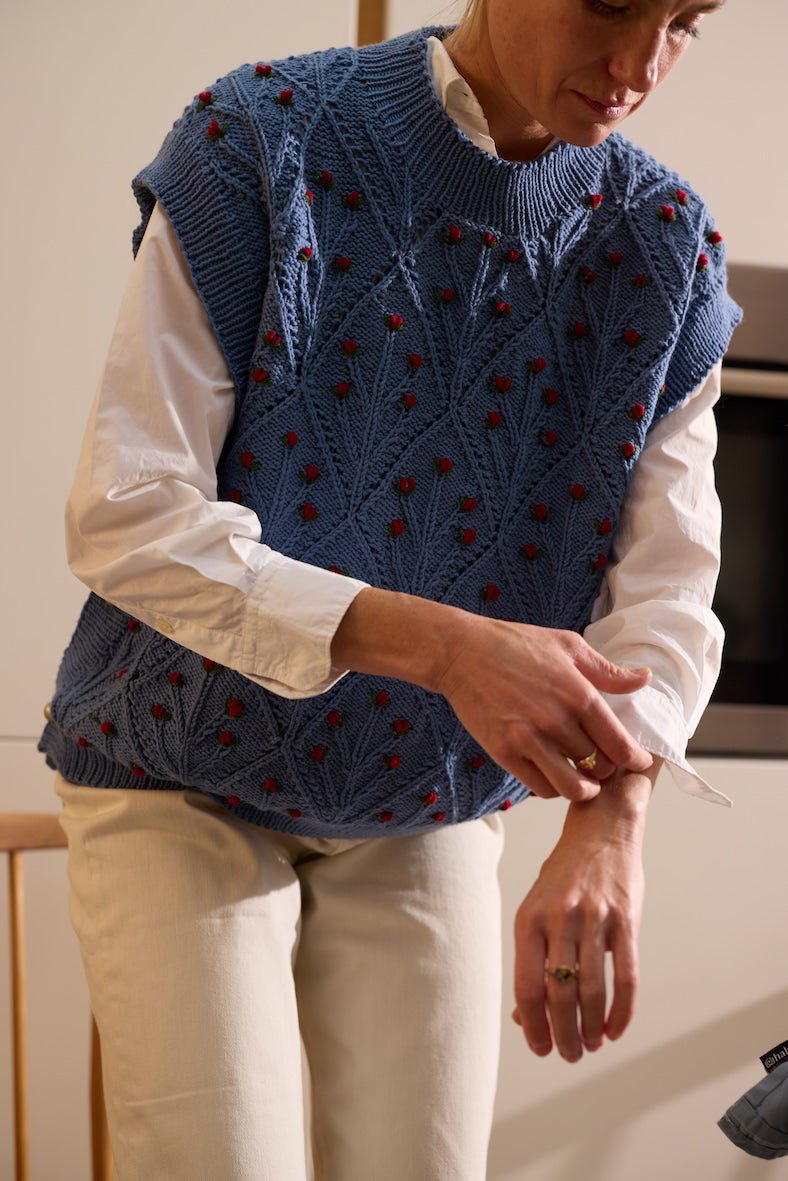 ROSIE Vest – Hand - Knitted Merino Wool with Rose Embroidery in Ice Blue - MICHAELA BUERGER