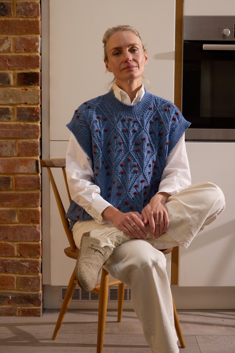 ROSIE Vest – Hand - Knitted Merino Wool with Rose Embroidery in Ice Blue - MICHAELA BUERGER