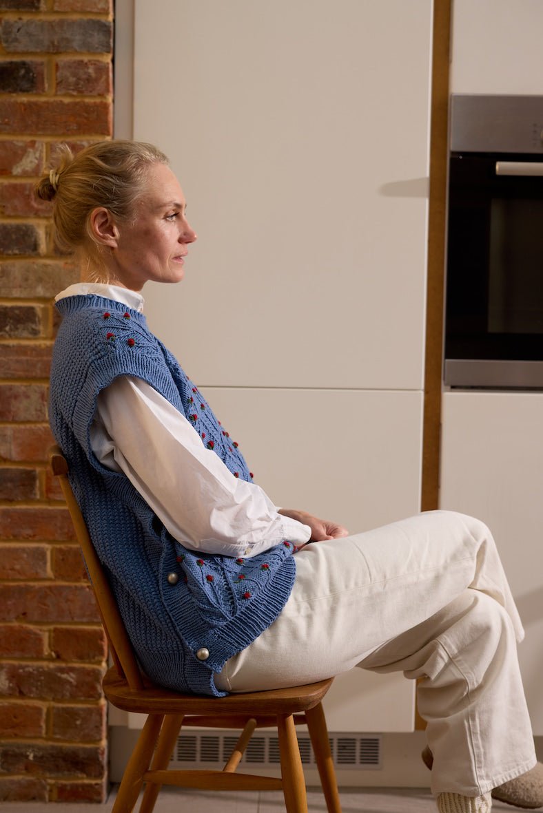 ROSIE Vest – Hand - Knitted Merino Wool with Rose Embroidery in Ice Blue - MICHAELA BUERGER