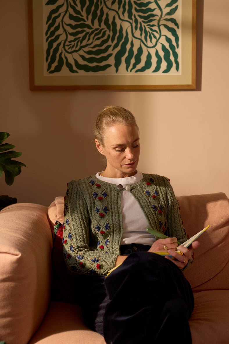 JOHANNA Spencer Cardigan – Hand - Knitted Embroidered Wool in Sage Green - MICHAELA BUERGER