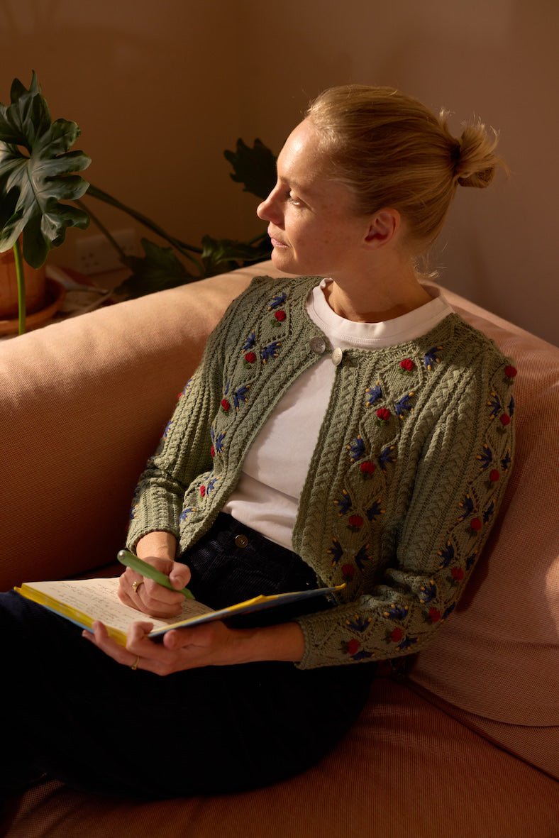 JOHANNA Spencer Cardigan – Hand - Knitted Embroidered Wool in Sage Green - MICHAELA BUERGER