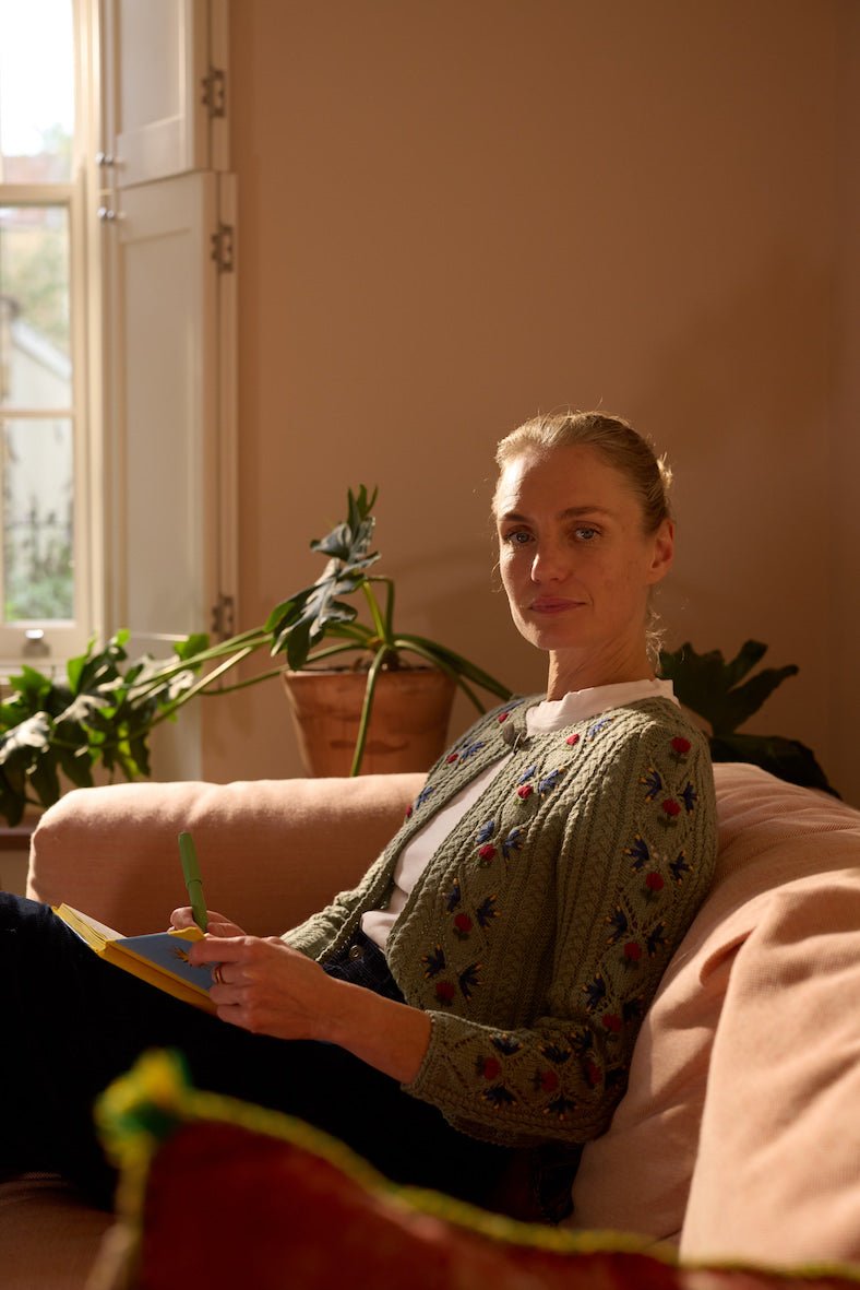 JOHANNA Spencer Cardigan – Hand - Knitted Embroidered Wool in Sage Green - MICHAELA BUERGER