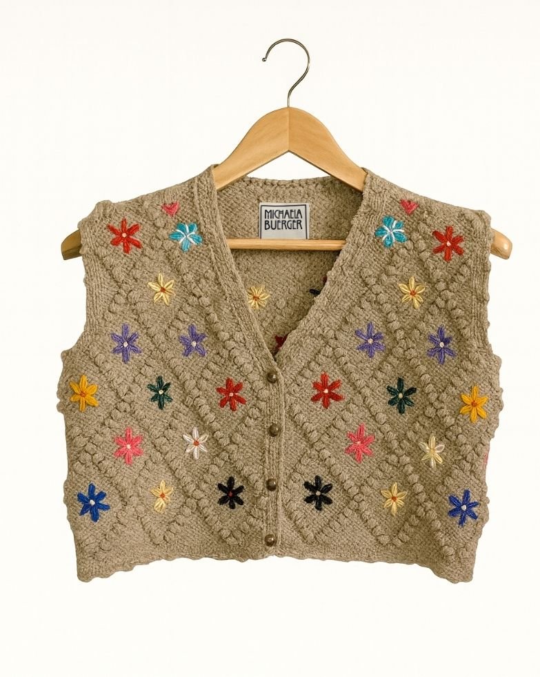 ERNA Handmade Oatmeal Bobble - Knit Wool Vest with Multicolor Embroidery - MICHAELA BUERGER