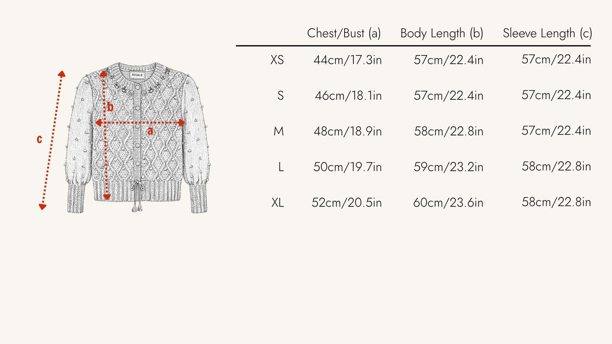Measurement chart for a cardigan with size chart on a white background