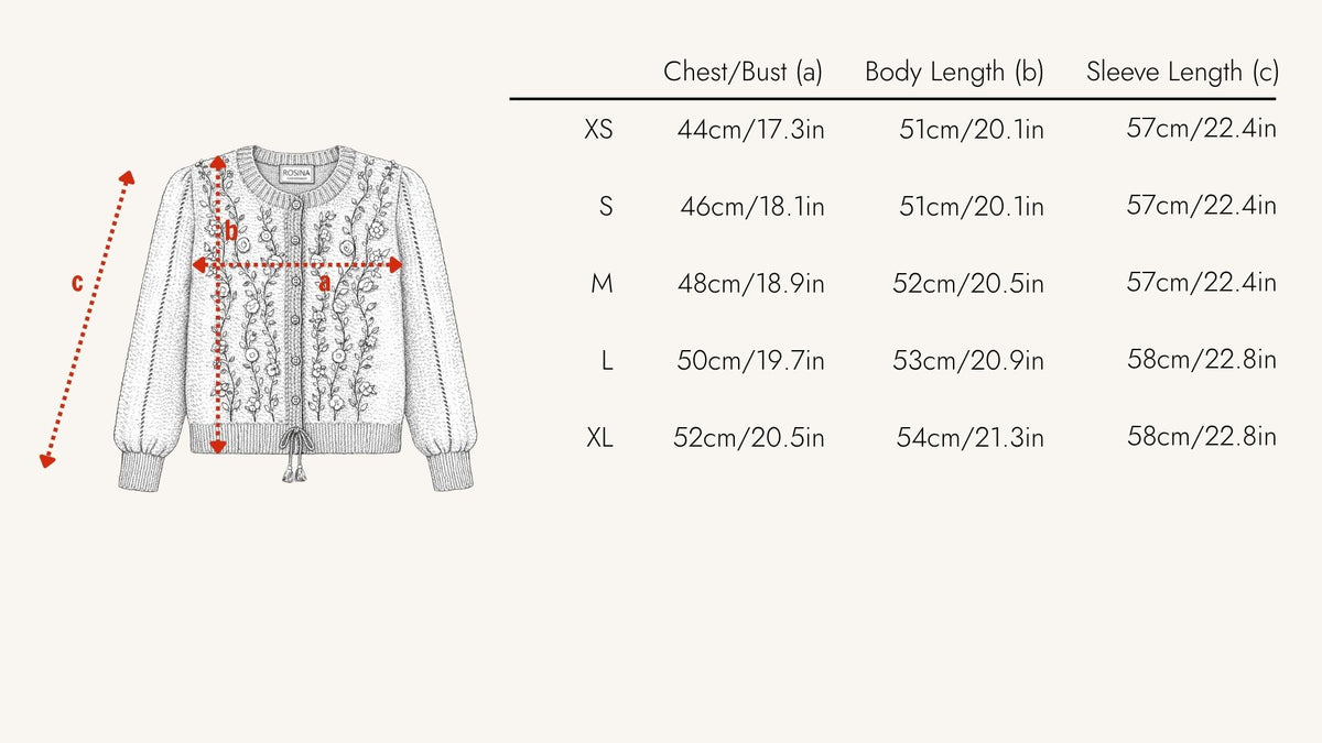 Measurement chart for a cardigan with size chart on a white background