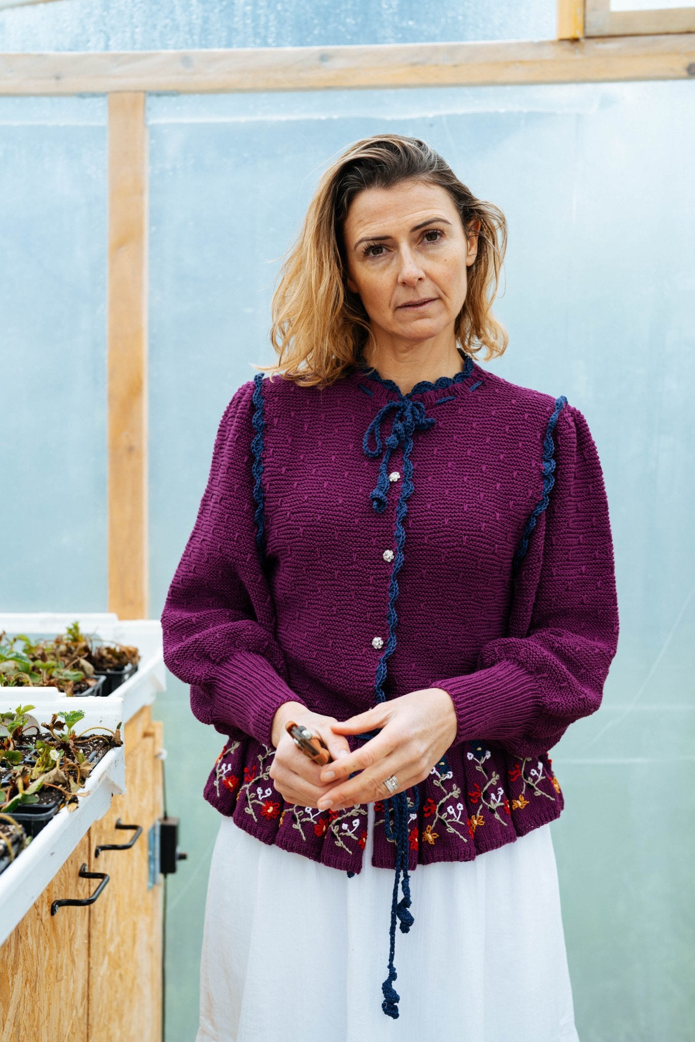 Alma Cardigan Plum – Organic Cotton Hand‑Knitted - MICHAELA BUERGER
