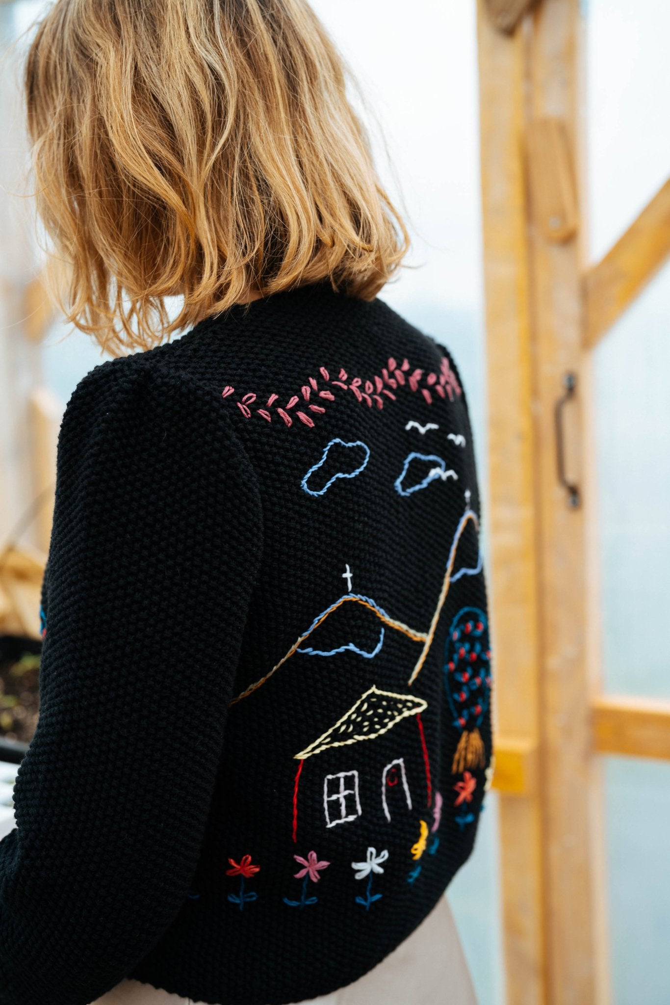 Hand Knitted Black Organic Cotton Cardigan | Alpine Embroidery
