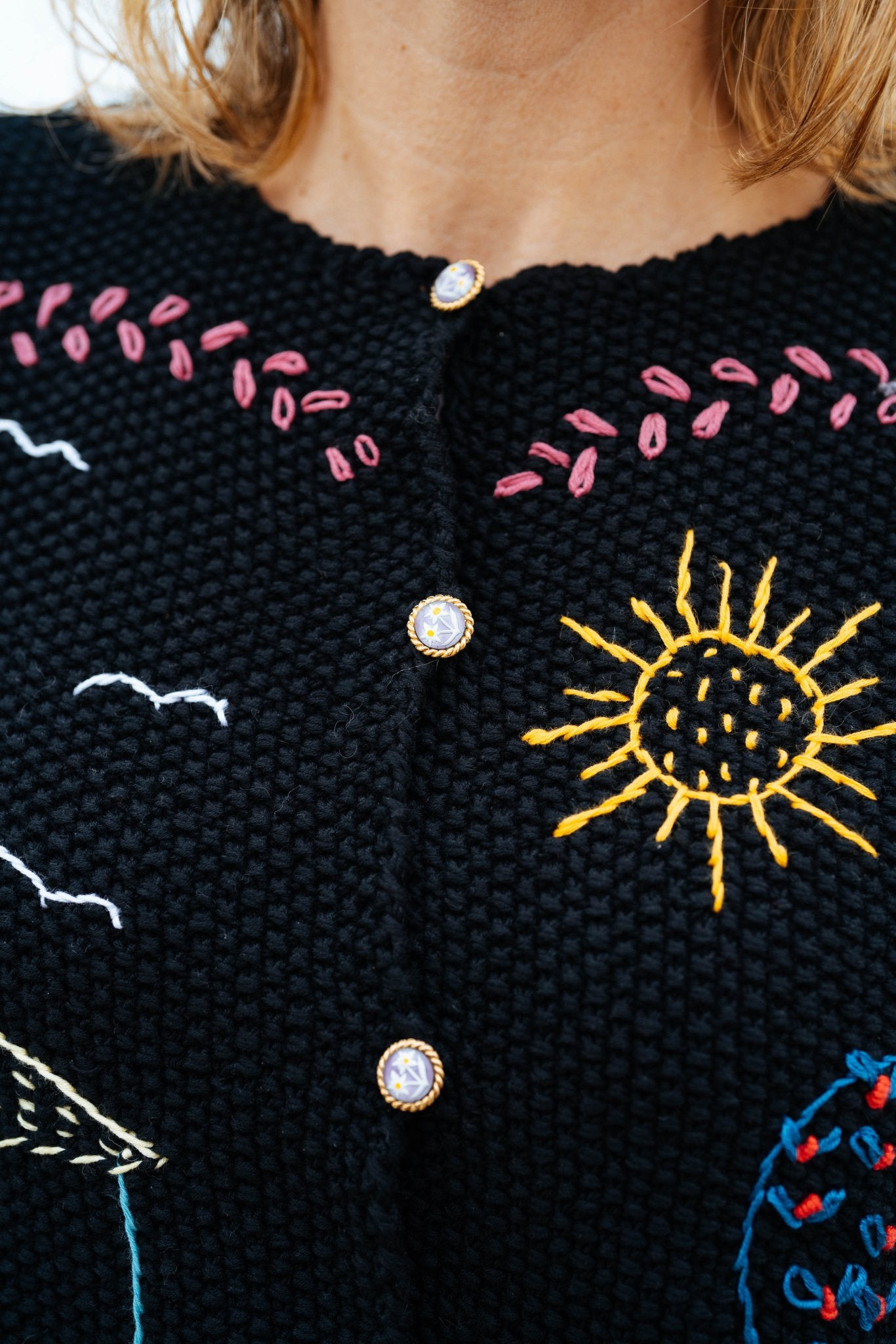 Hand Knitted Black Organic Cotton Cardigan | Alpine Embroidery