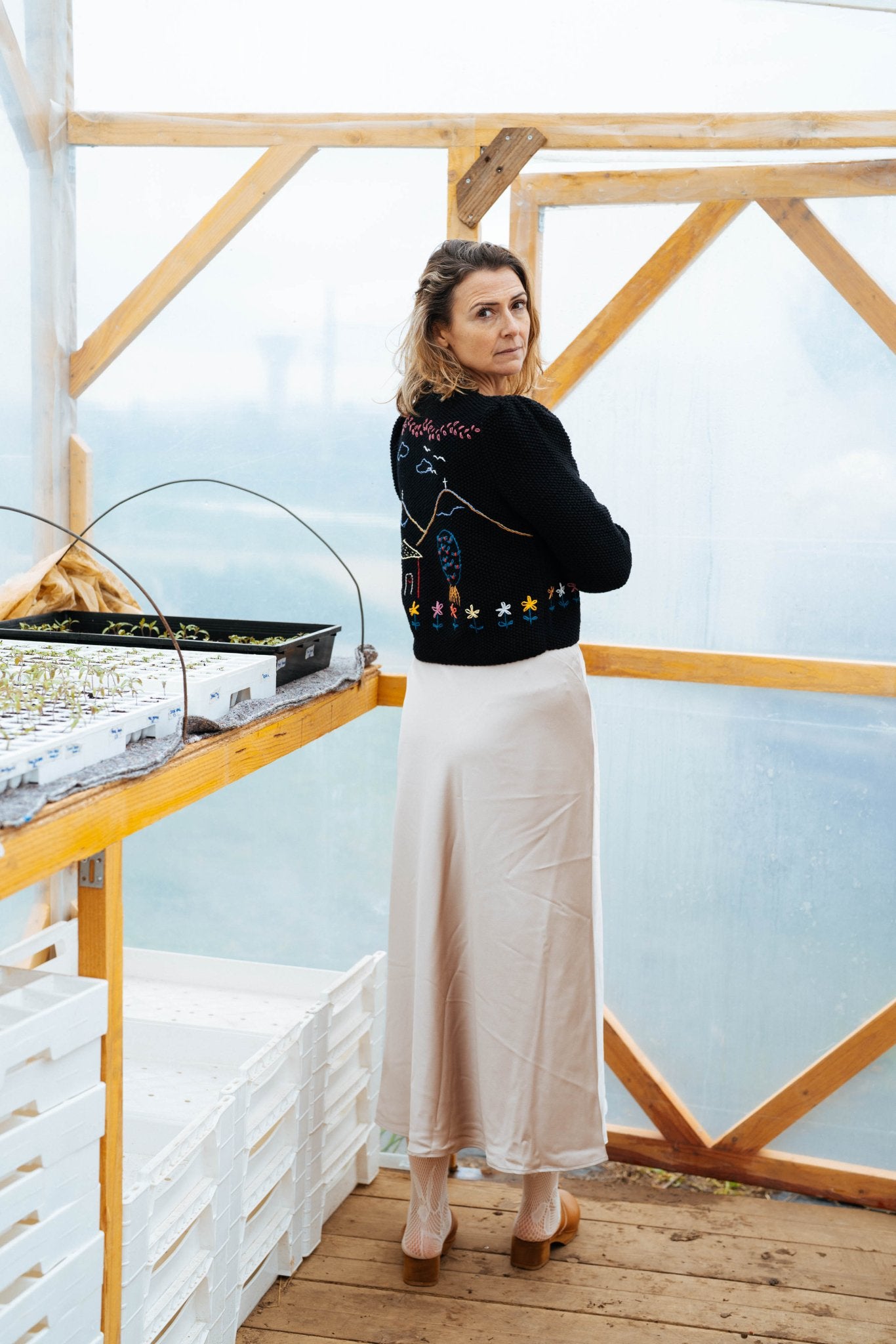 Hand Knitted Black Organic Cotton Cardigan | Alpine Embroidery