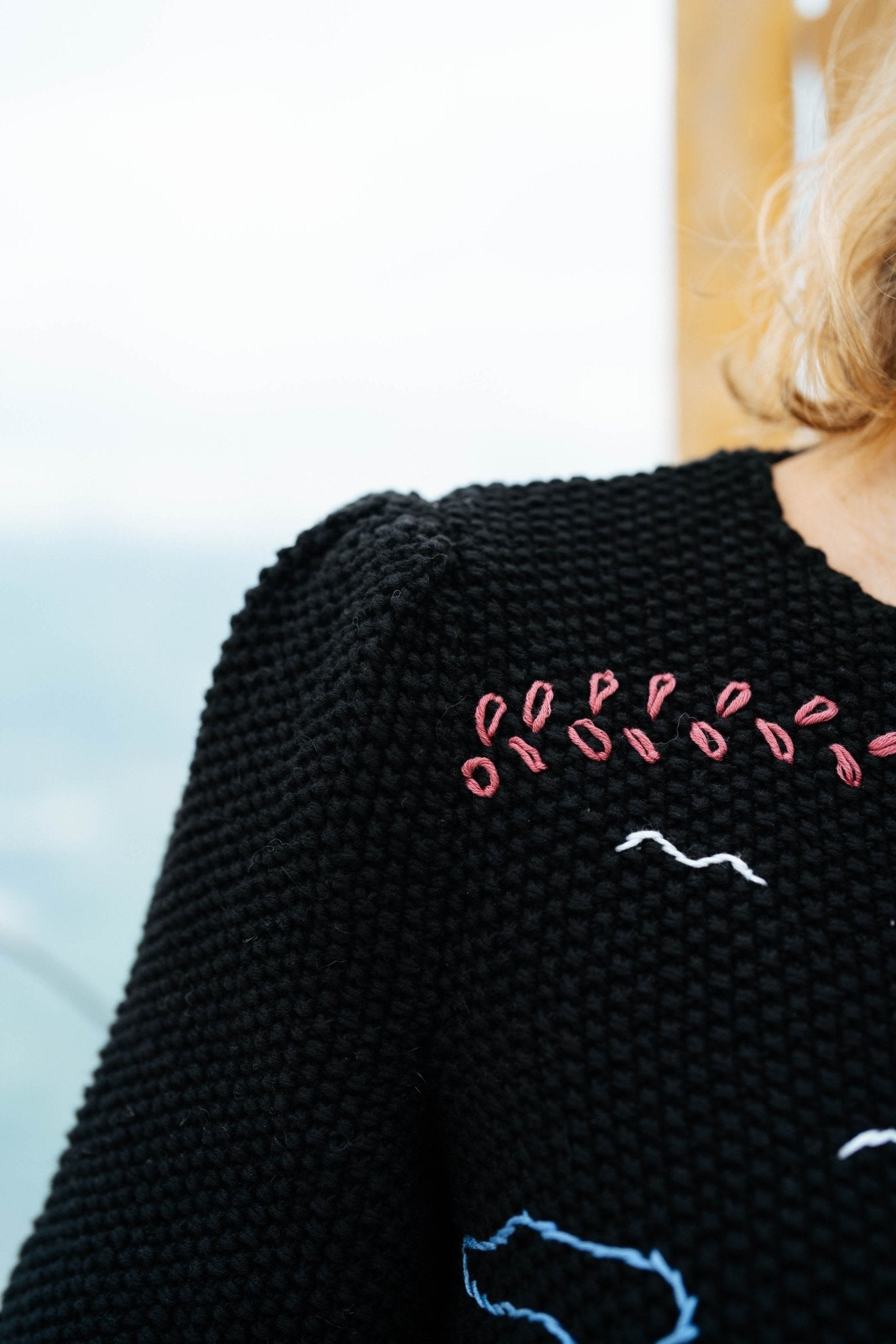 Hand Knitted Black Organic Cotton Cardigan | Alpine Embroidery