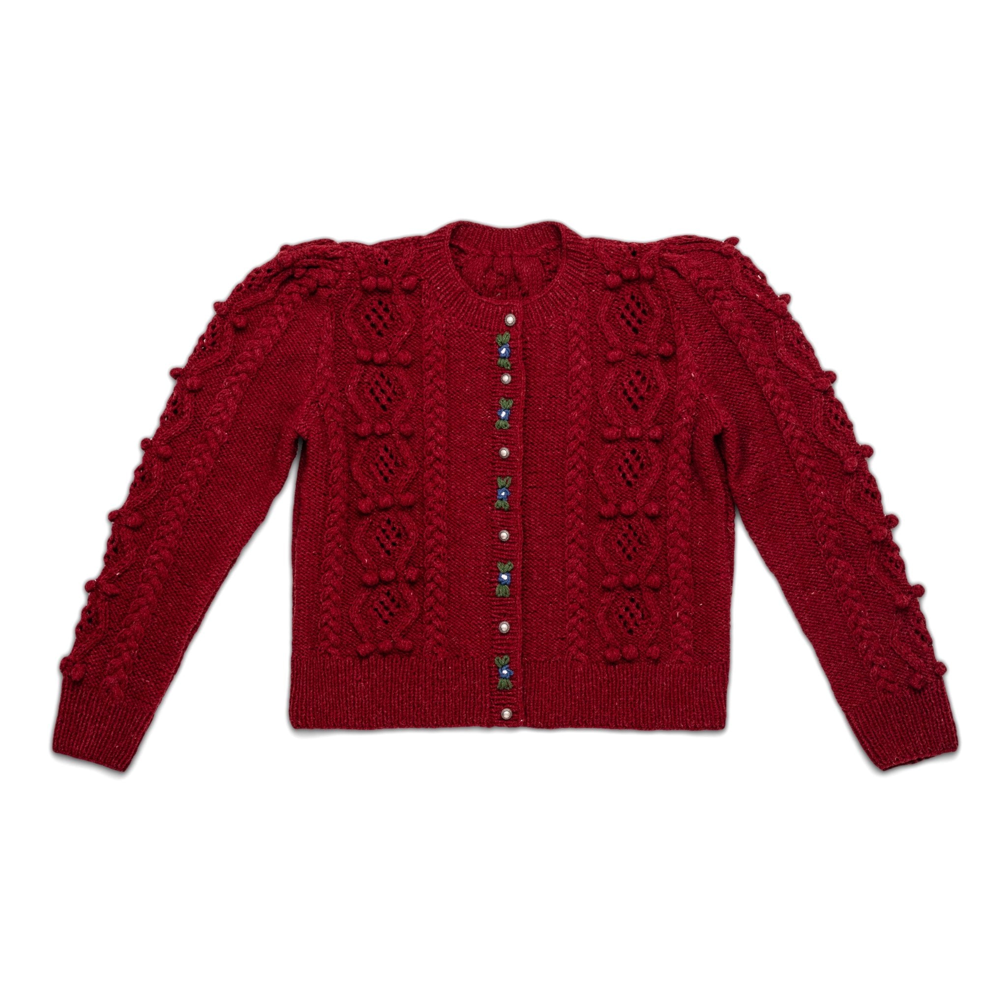 deep red handknit cardigan with bobble knit texture