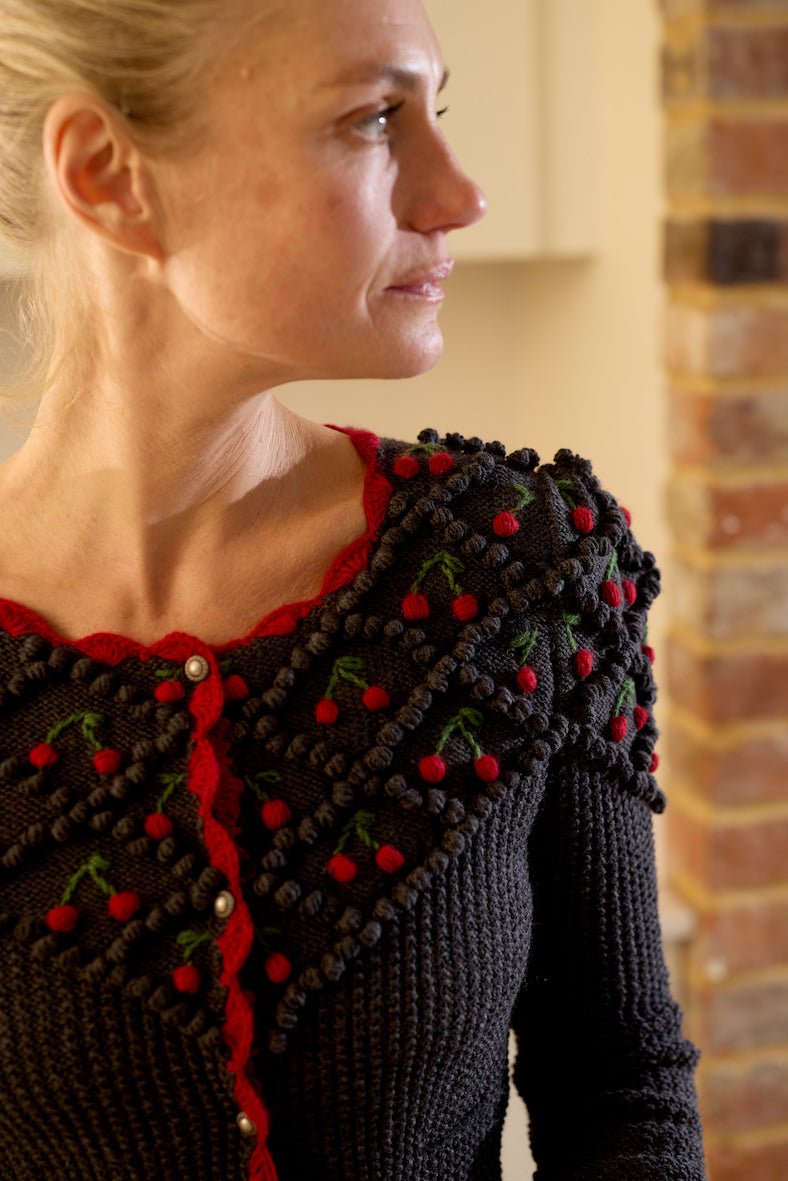 dark grey merino wool cardigan with cherry embroidery
