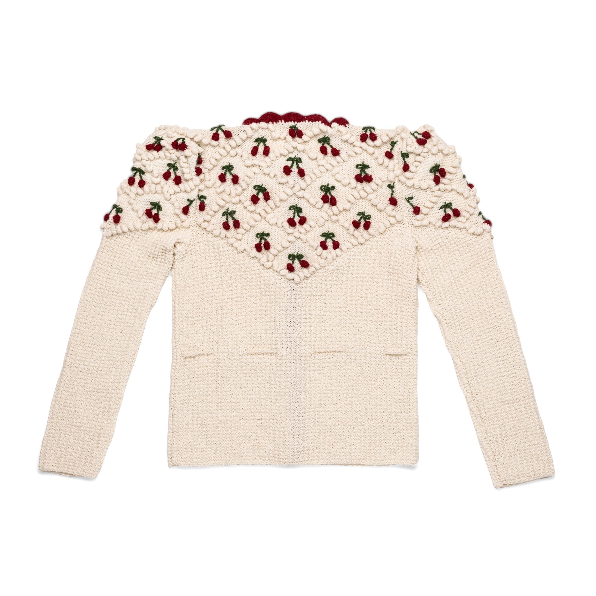 handknit merino wool cardigan with red cherry embroidery