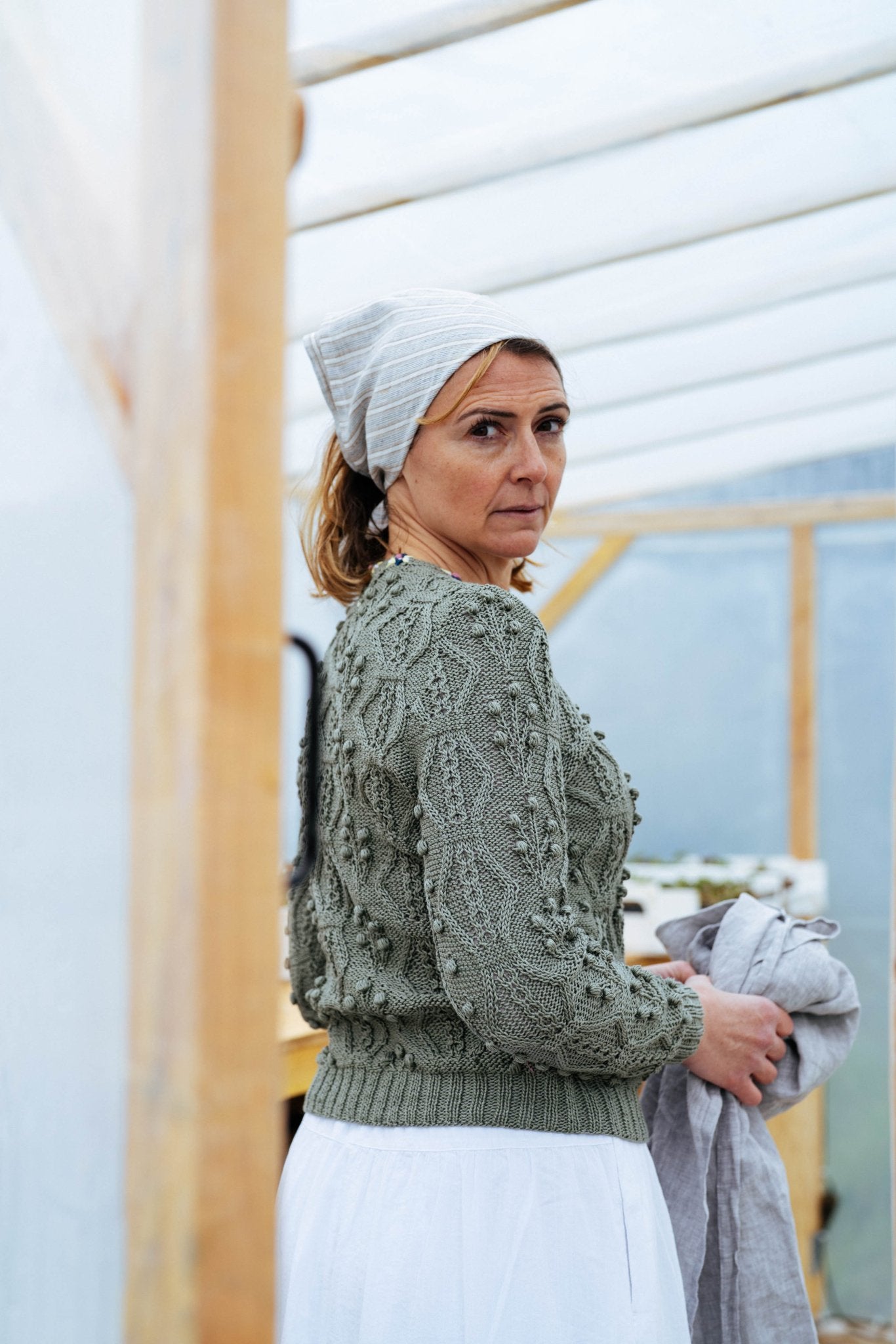 Sage Green Cotton Finny Cardigan | Hand-Knitted Alpine Knit