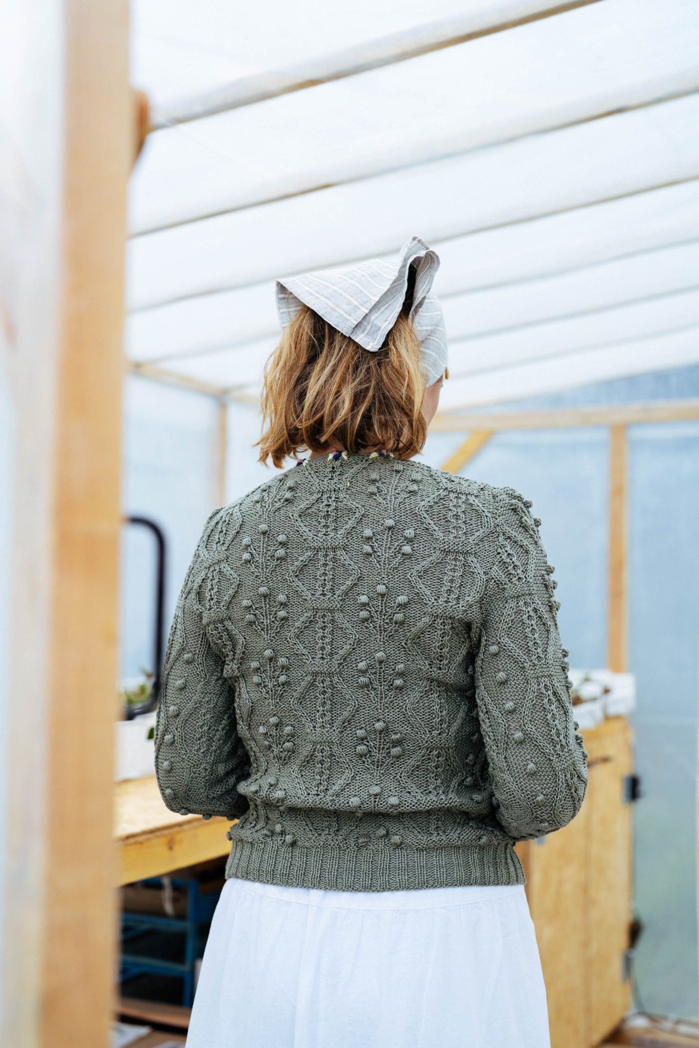 Sage Green Cotton Finny Cardigan | Hand-Knitted Alpine Knit