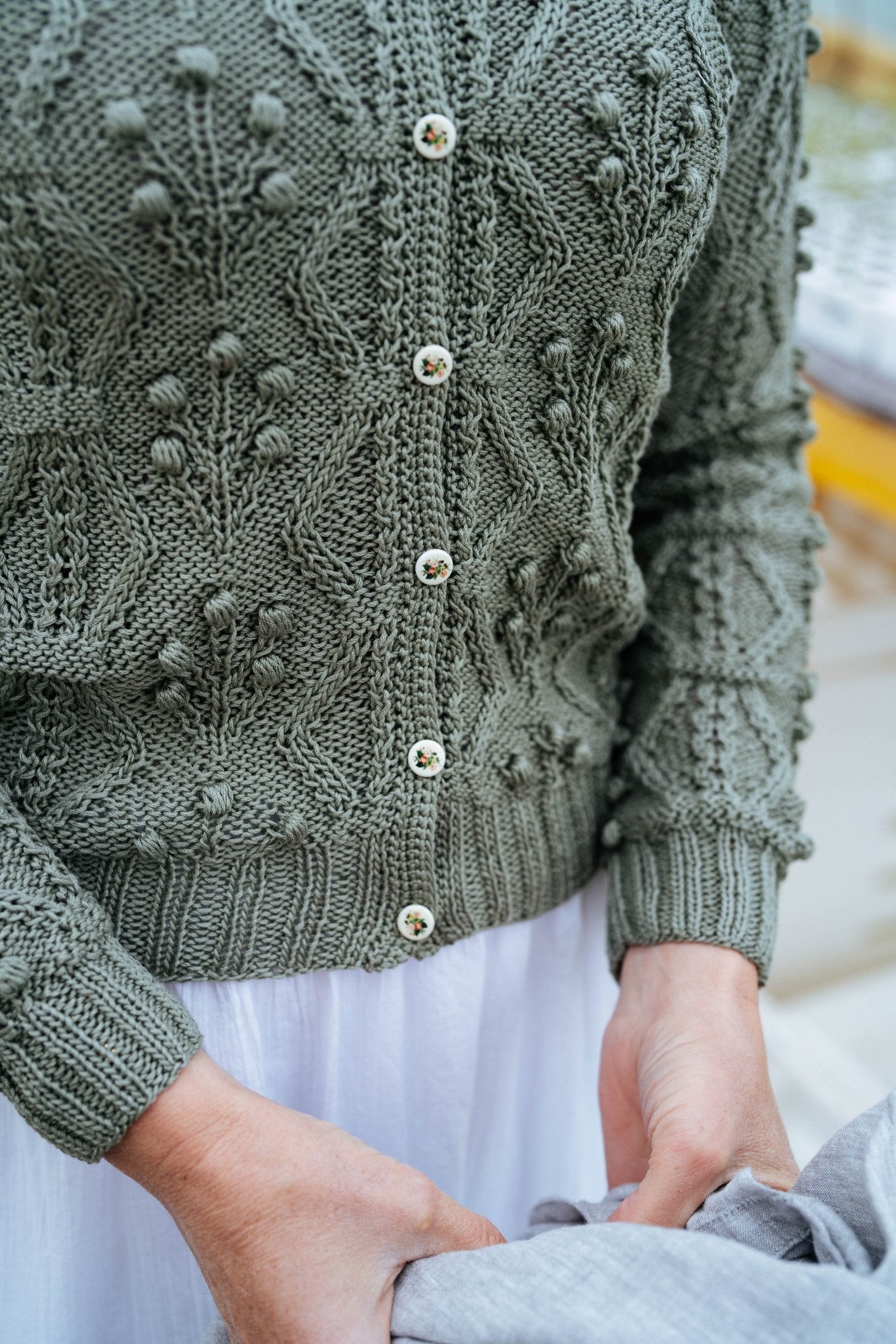 Finny Cardigan Sage Green Organic Cotton | Hand - Knitted Alpine Knit - MICHAELA BUERGER