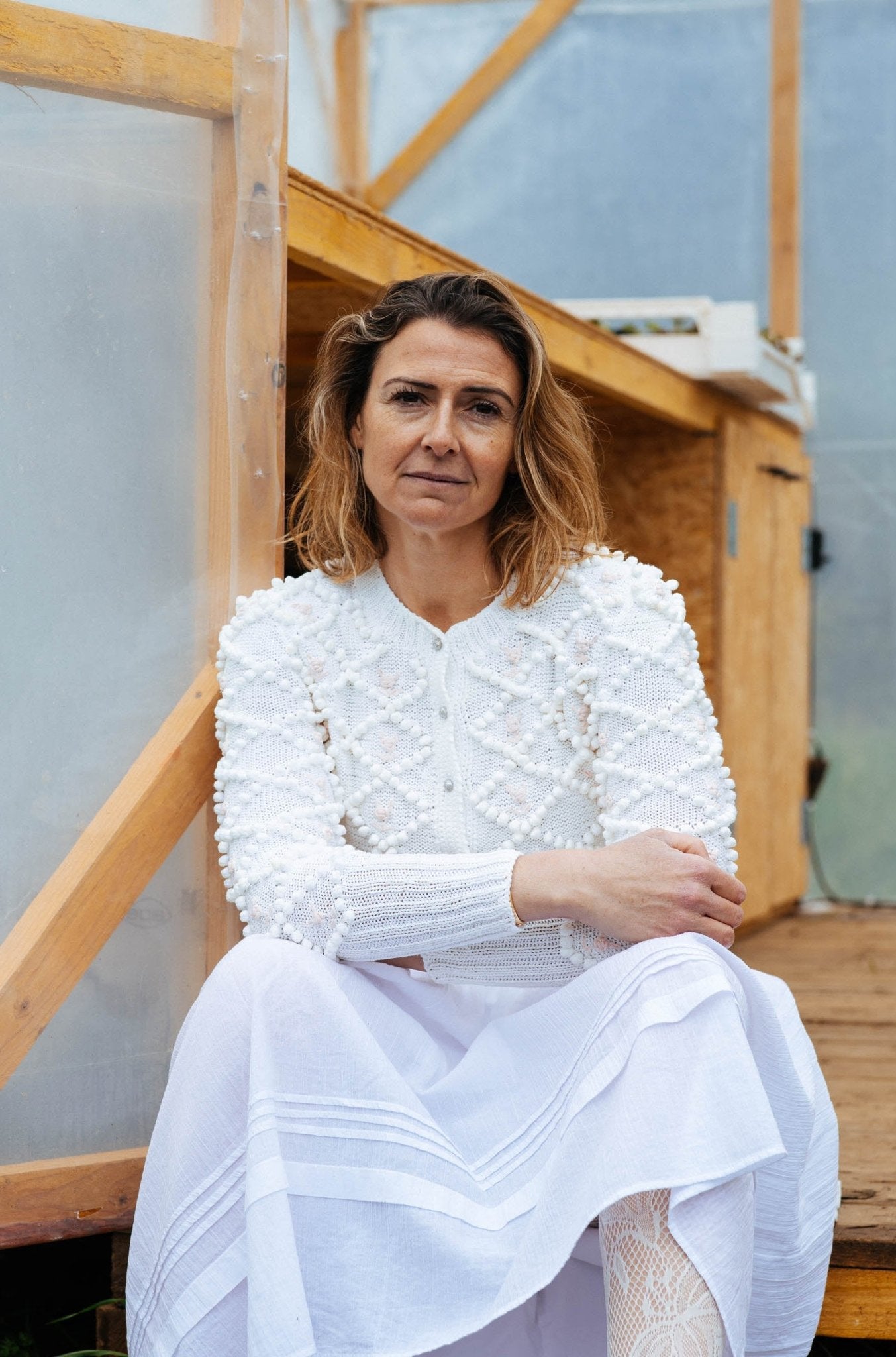 Karla Cardigan Cream White Cotton | Hand - Knitted with Rose Embroidery - MICHAELA BUERGER