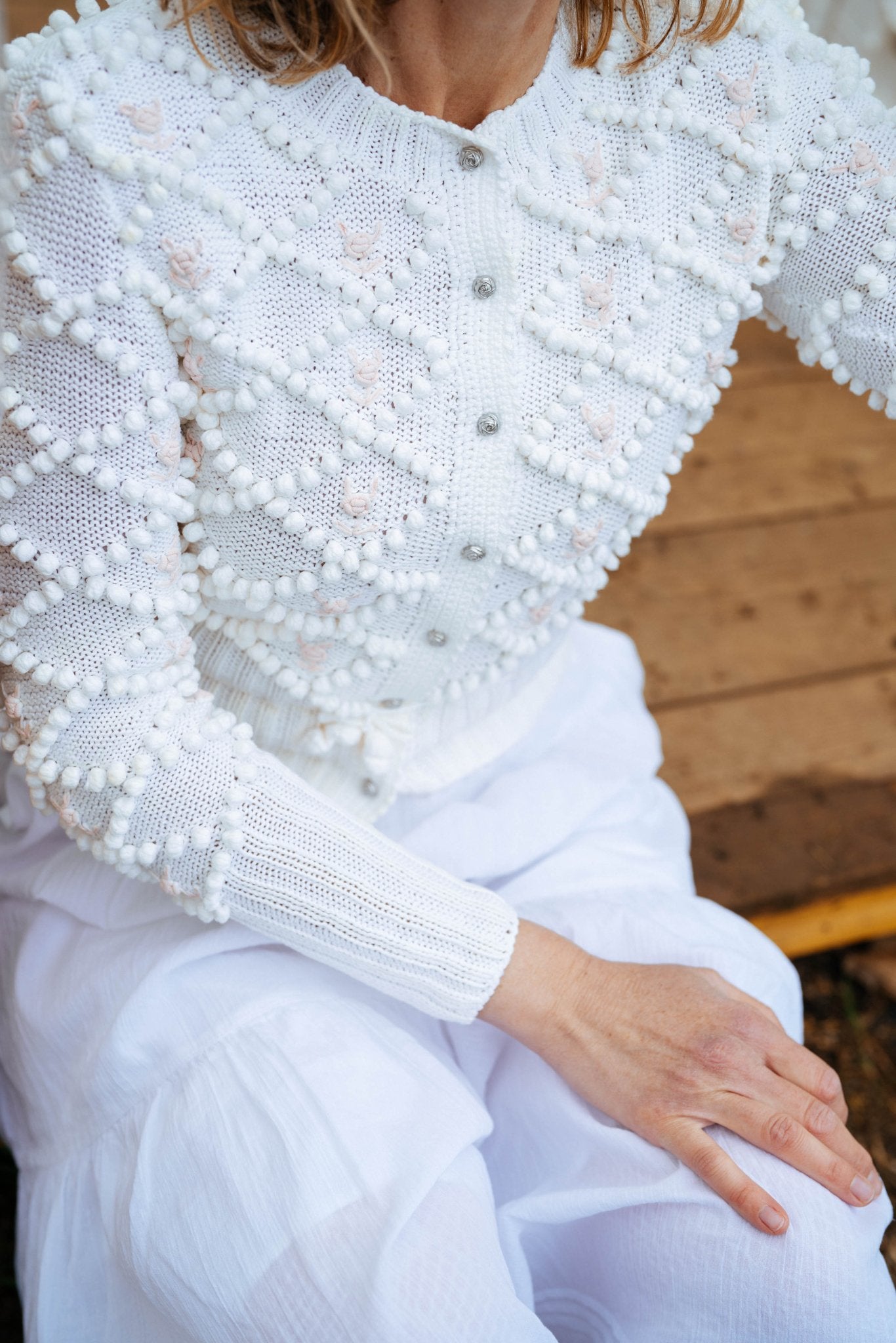 Karla Cardigan Cream White Cotton | Hand - Knitted with Rose Embroidery - MICHAELA BUERGER