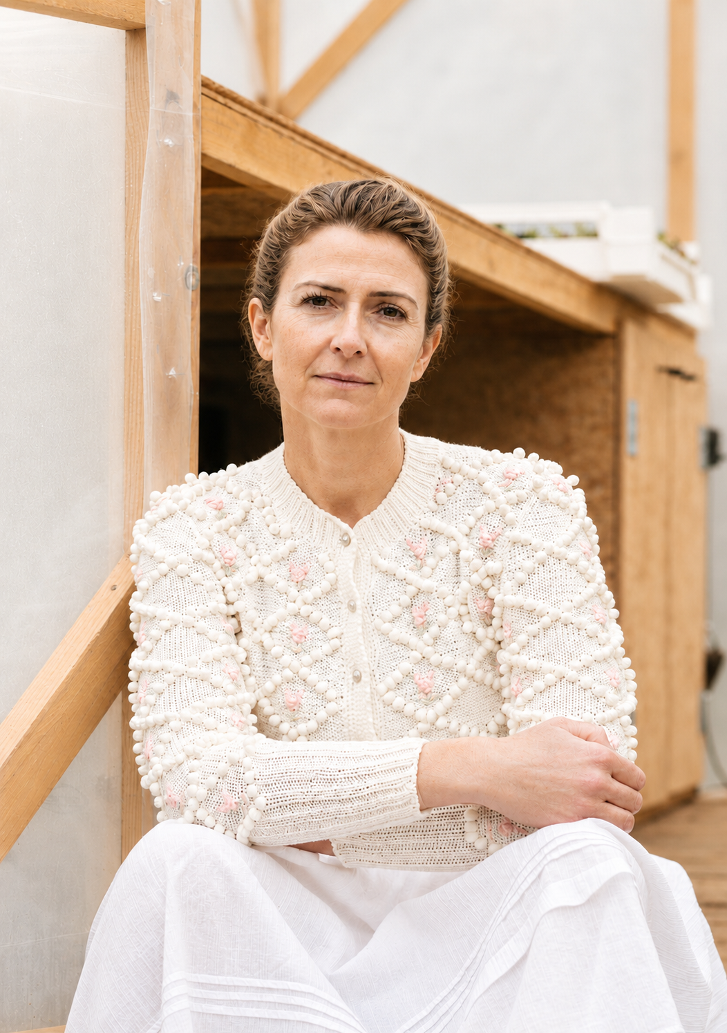 Karla Cardigan Cream White – Hand‑Knitted Cotton with Rose Embroidery - MICHAELA BUERGER