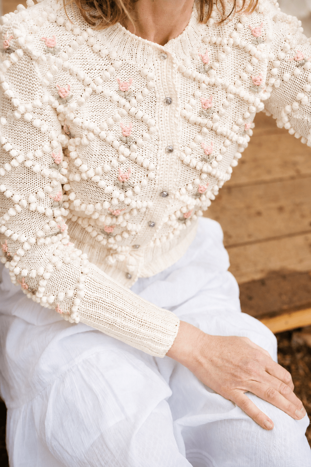 Karla Cardigan Cream White – Hand‑Knitted Cotton with Rose Embroidery - MICHAELA BUERGER
