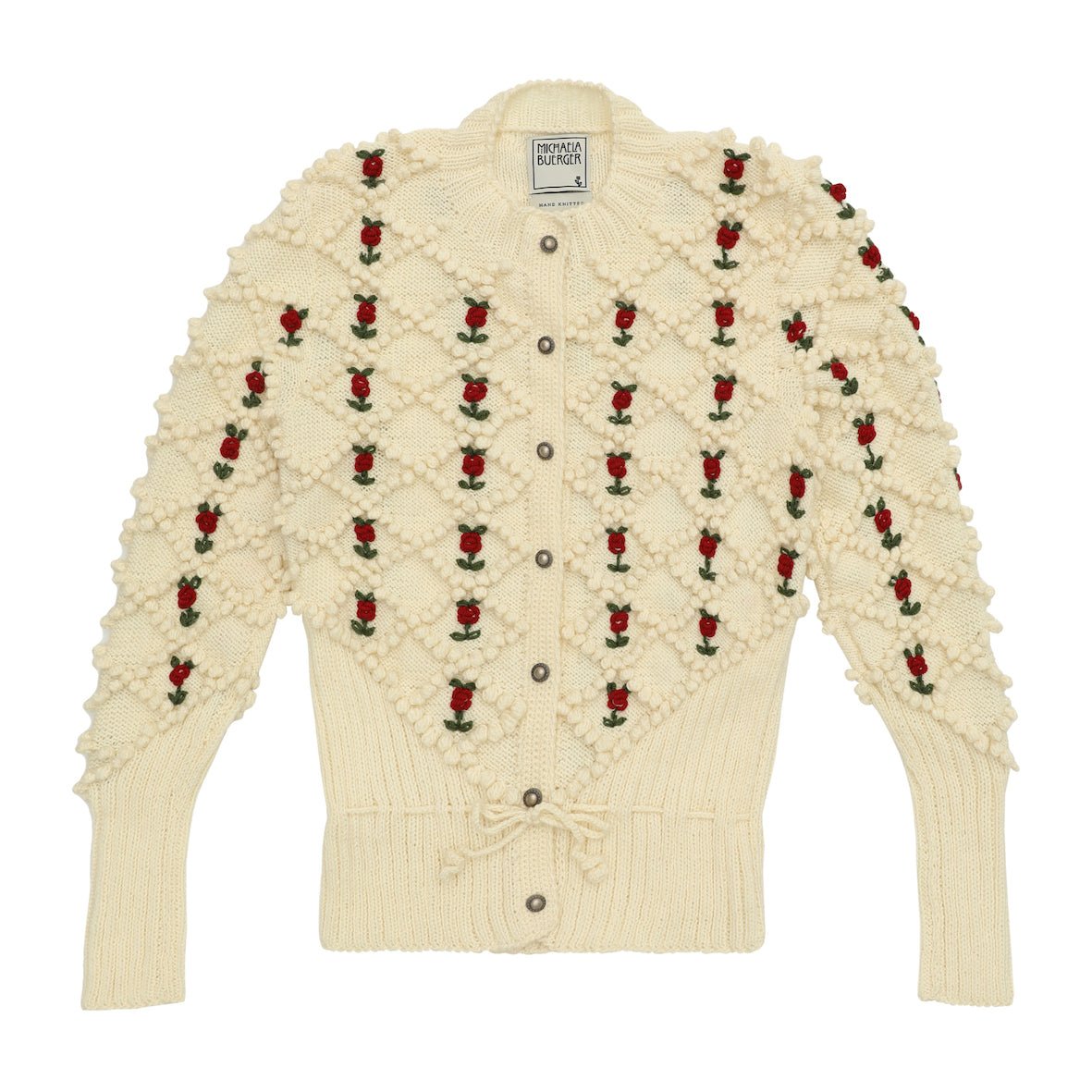 cream white handknit merino wool cardigan with bobble knit texture