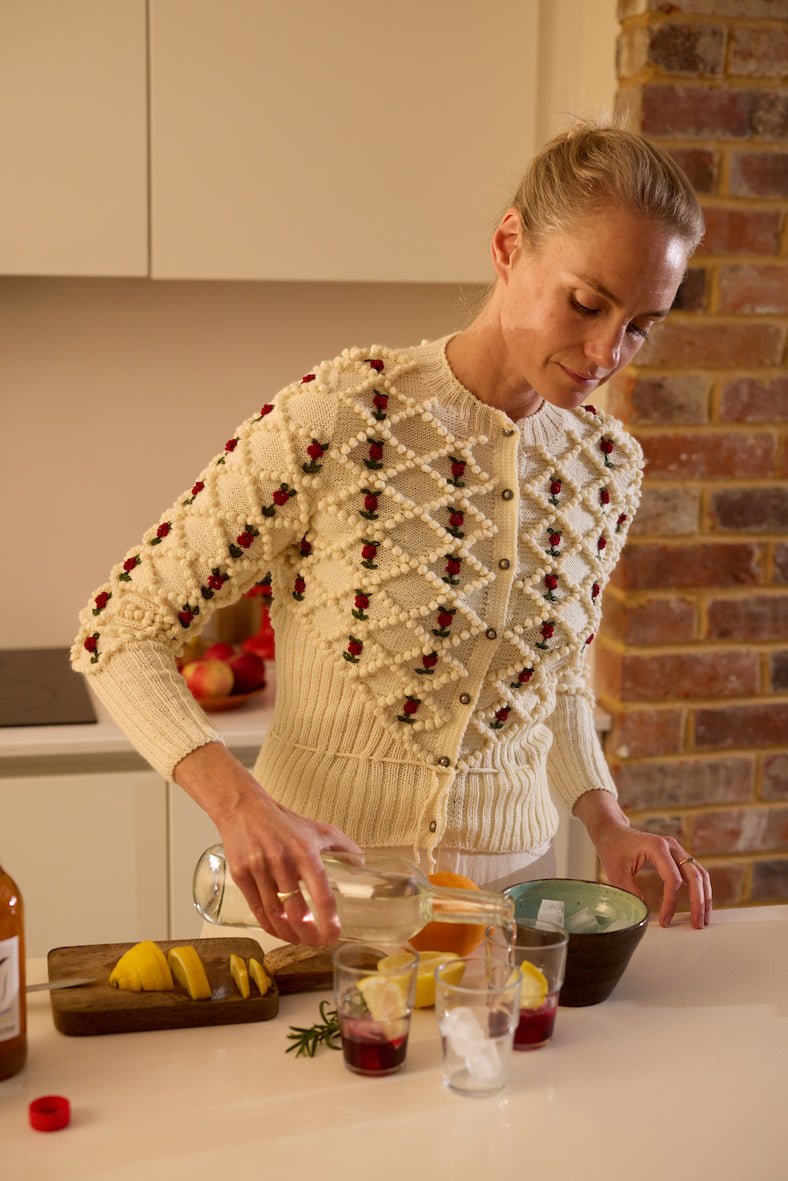 cream white handknit merino wool cardigan with bobble knit texture