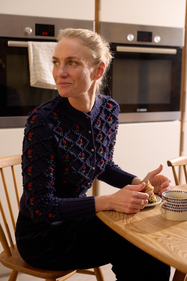 deep blue handknit cardigan lifestyle alpine knitwear