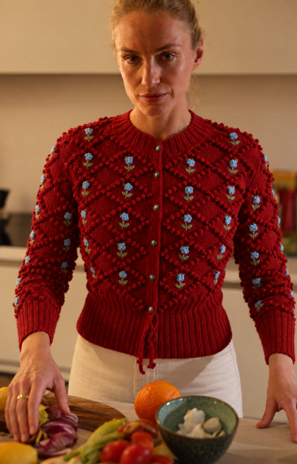 Karla handknitted baby merino wool cardigan in Grenade Red with Ice Blue and Sage Green hand-embroidered roses