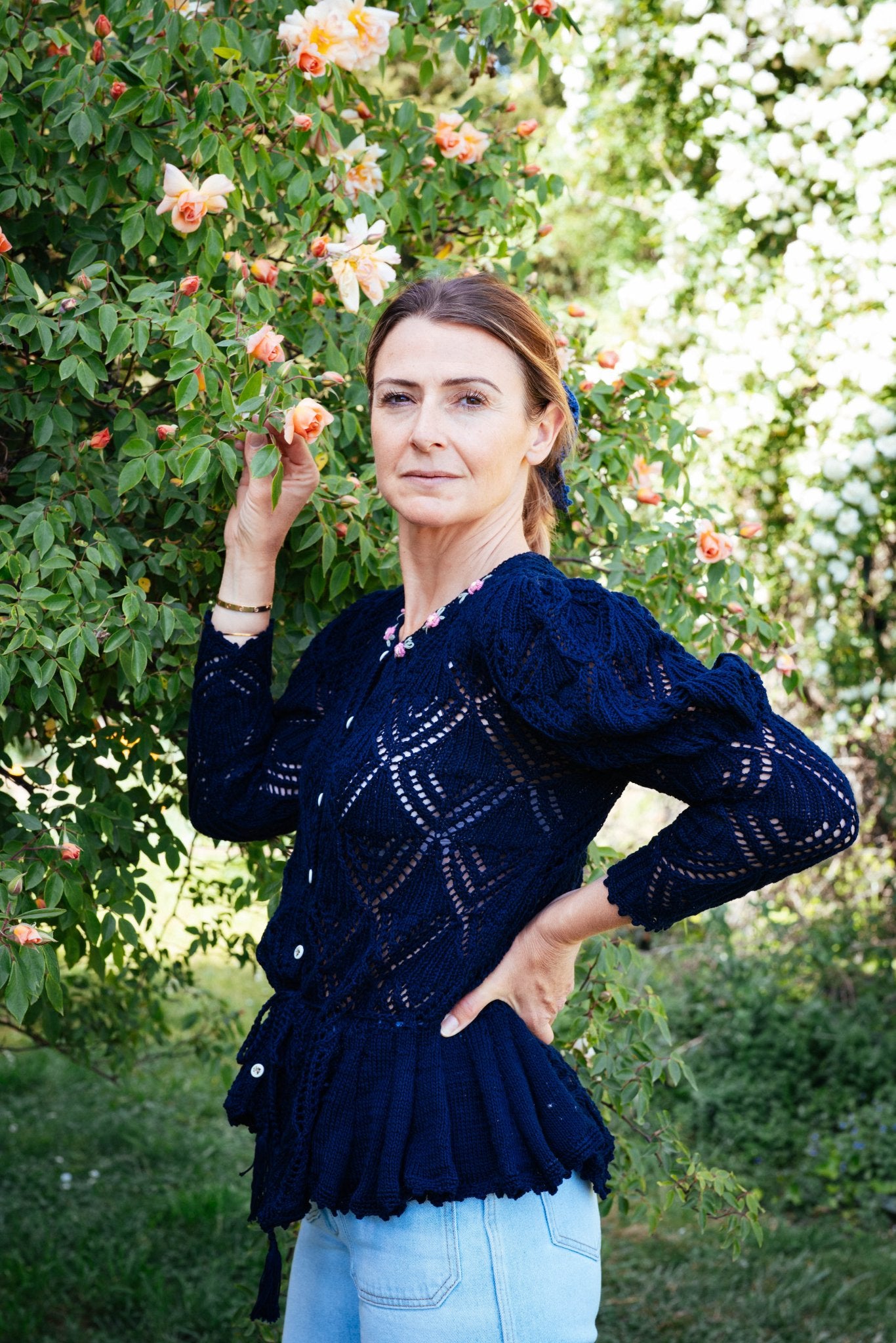 Loretta Cardigan Dark Blue - Hand - Knitted Mercerized Cotton Peplum Cardigan - MICHAELA BUERGER
