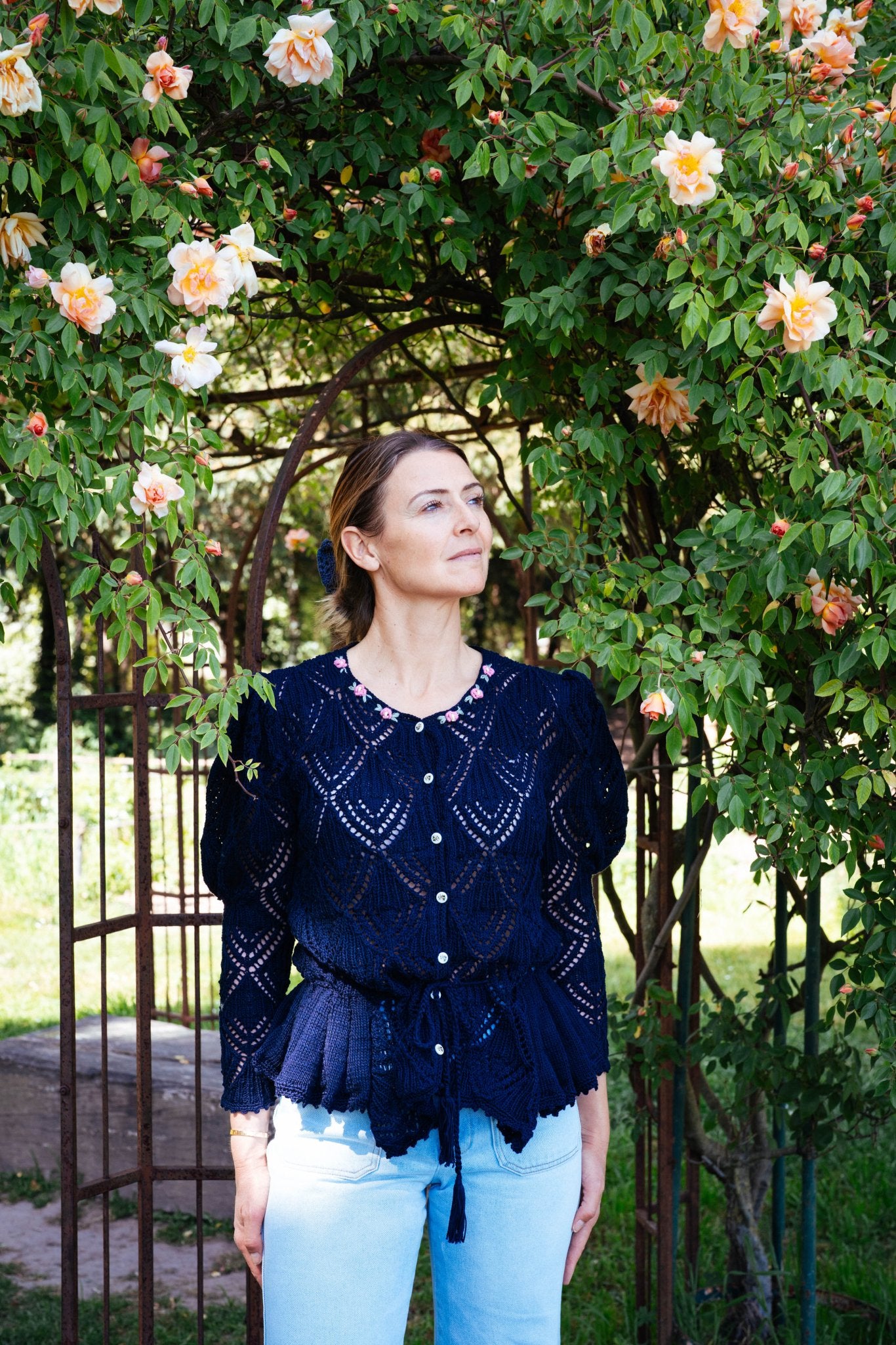 Loretta Cardigan Dark Blue - Hand - Knitted Mercerized Cotton Peplum Cardigan - MICHAELA BUERGER