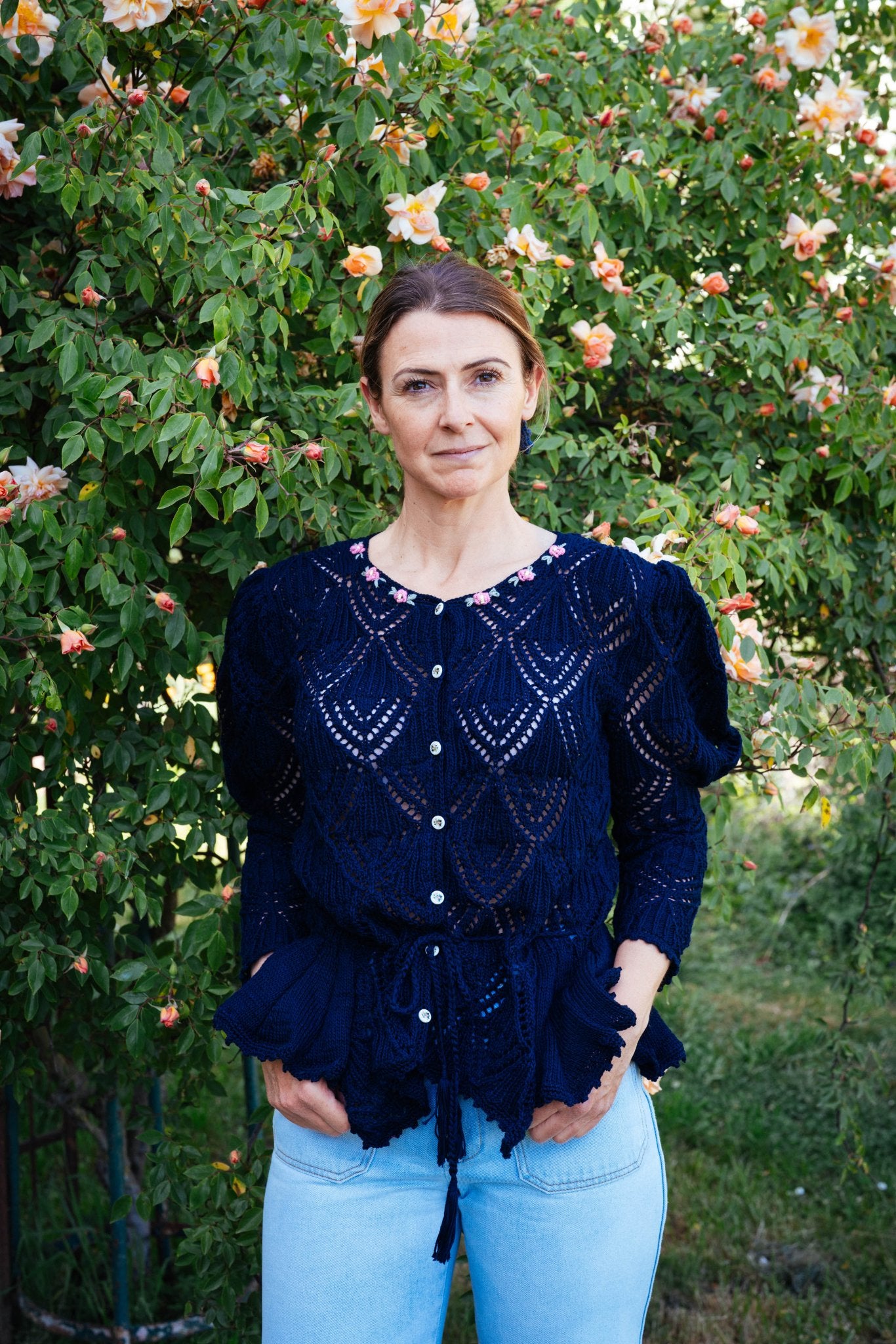 Loretta Cardigan Dark Blue - Hand - Knitted Mercerized Cotton Peplum Cardigan - MICHAELA BUERGER