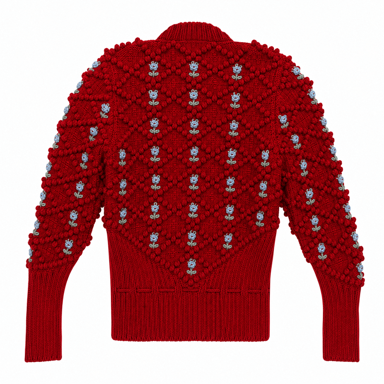 Back view of Michaela Buerger Karla handknit cardigan in grenade red featuring ice blue floral embroidery, sage green stems and signature bobble diamond knit texture.