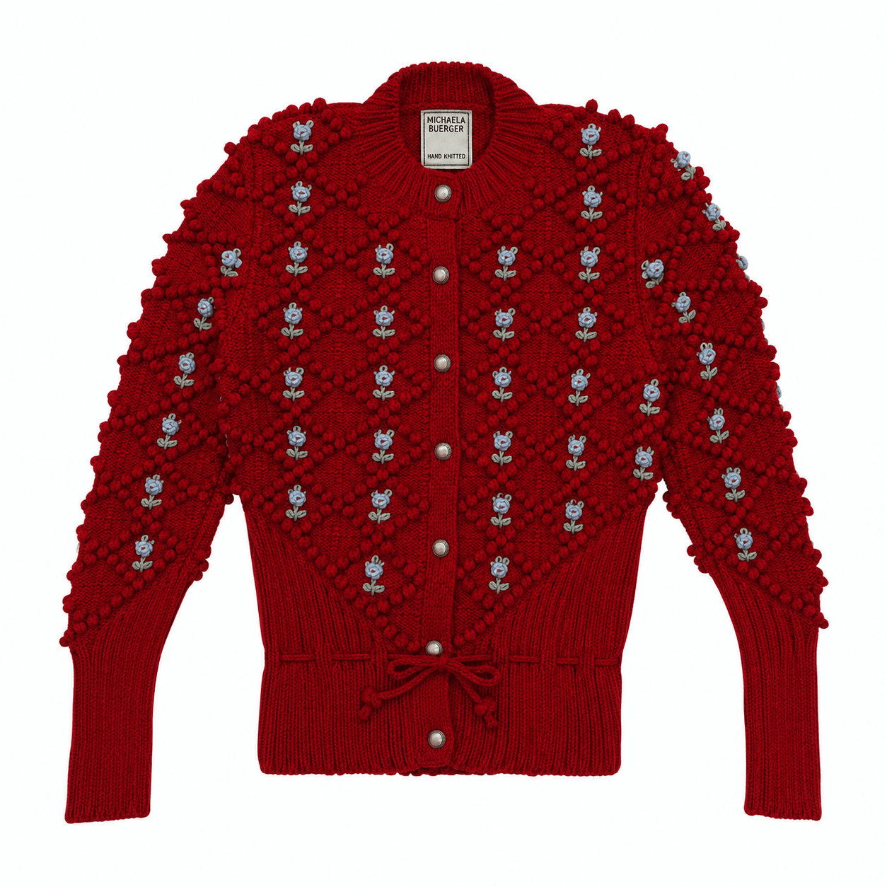 Michaela Buerger Karla handknit cardigan in grenade red with ice blue embroidered roses, sage green stems, textured bobble knit and fitted waist tie front view.