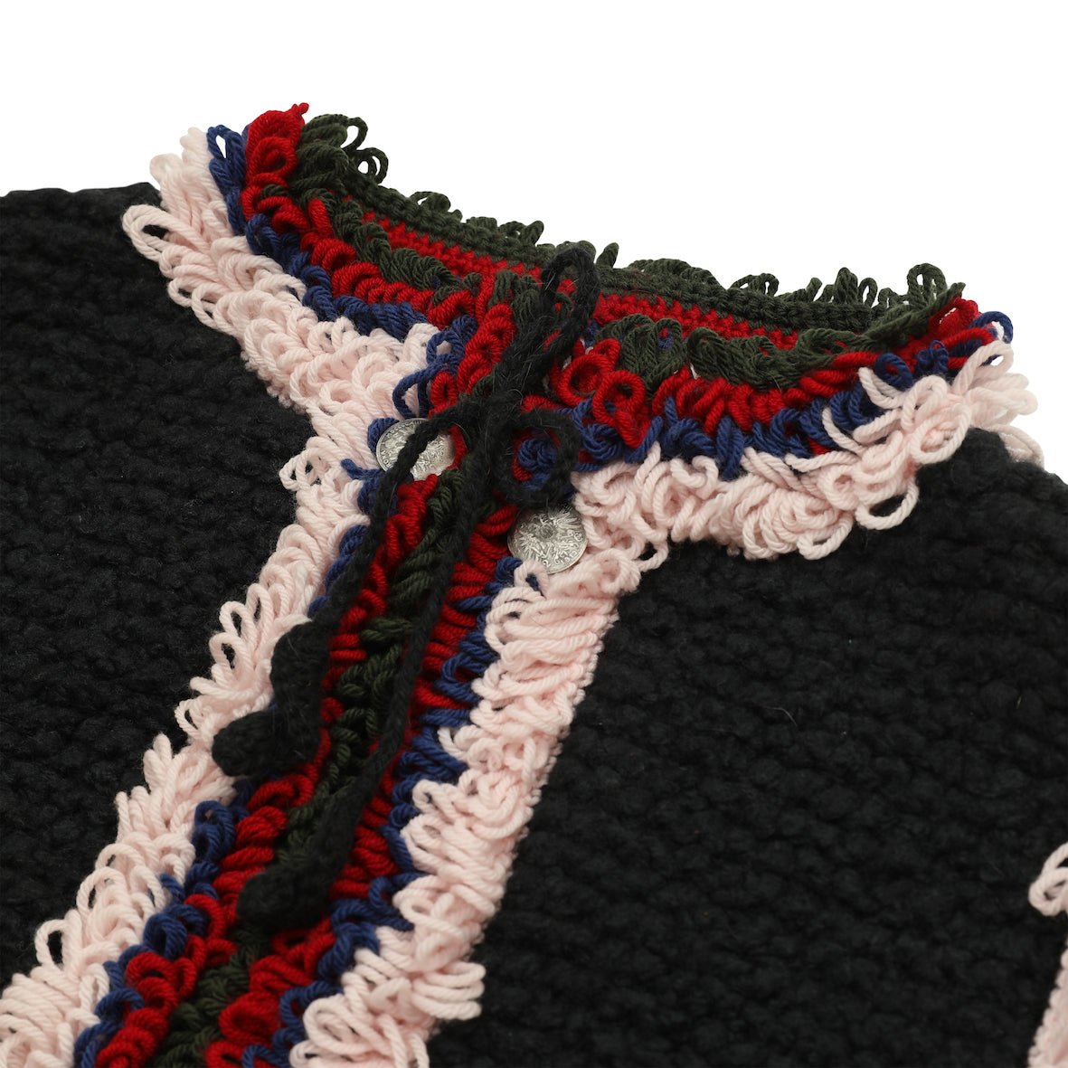 Detail of Italian bouclé wool texture on hand knitted Mountain Vest