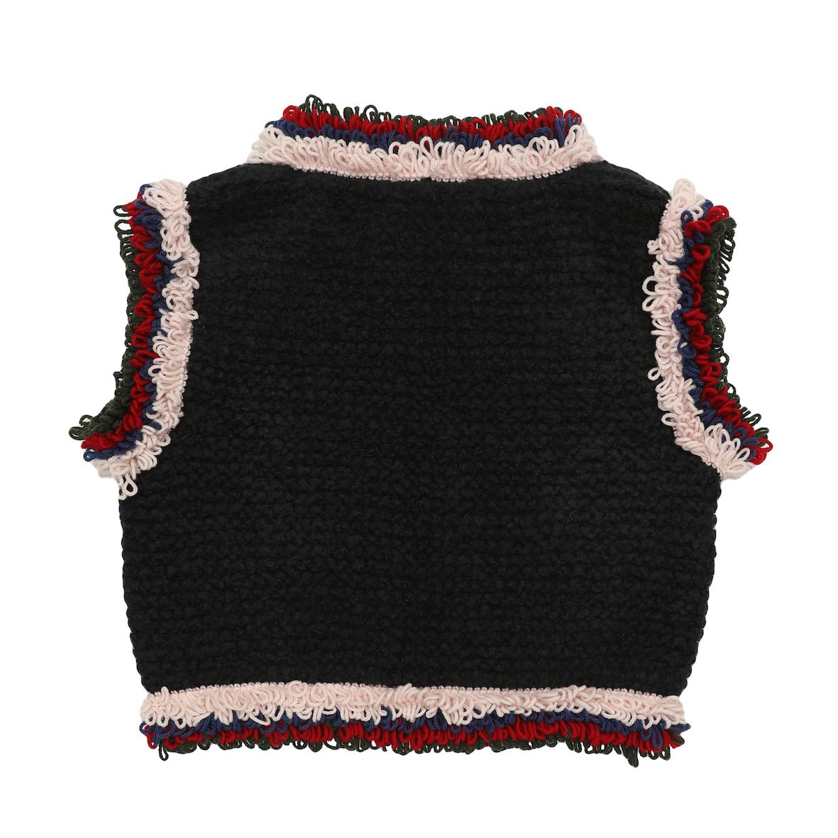 Detail of Italian bouclé wool texture on hand knitted Mountain Vest