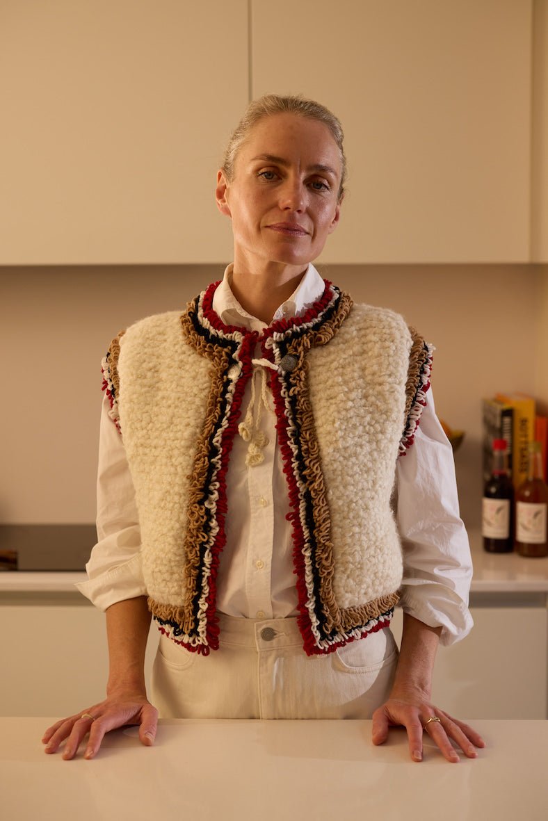 Hand knitted cream wool Mountain Vest for women with Alpine crochet trim