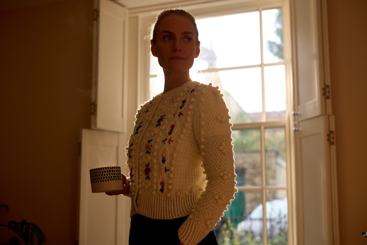 cream white embroidered handknit cardigan women