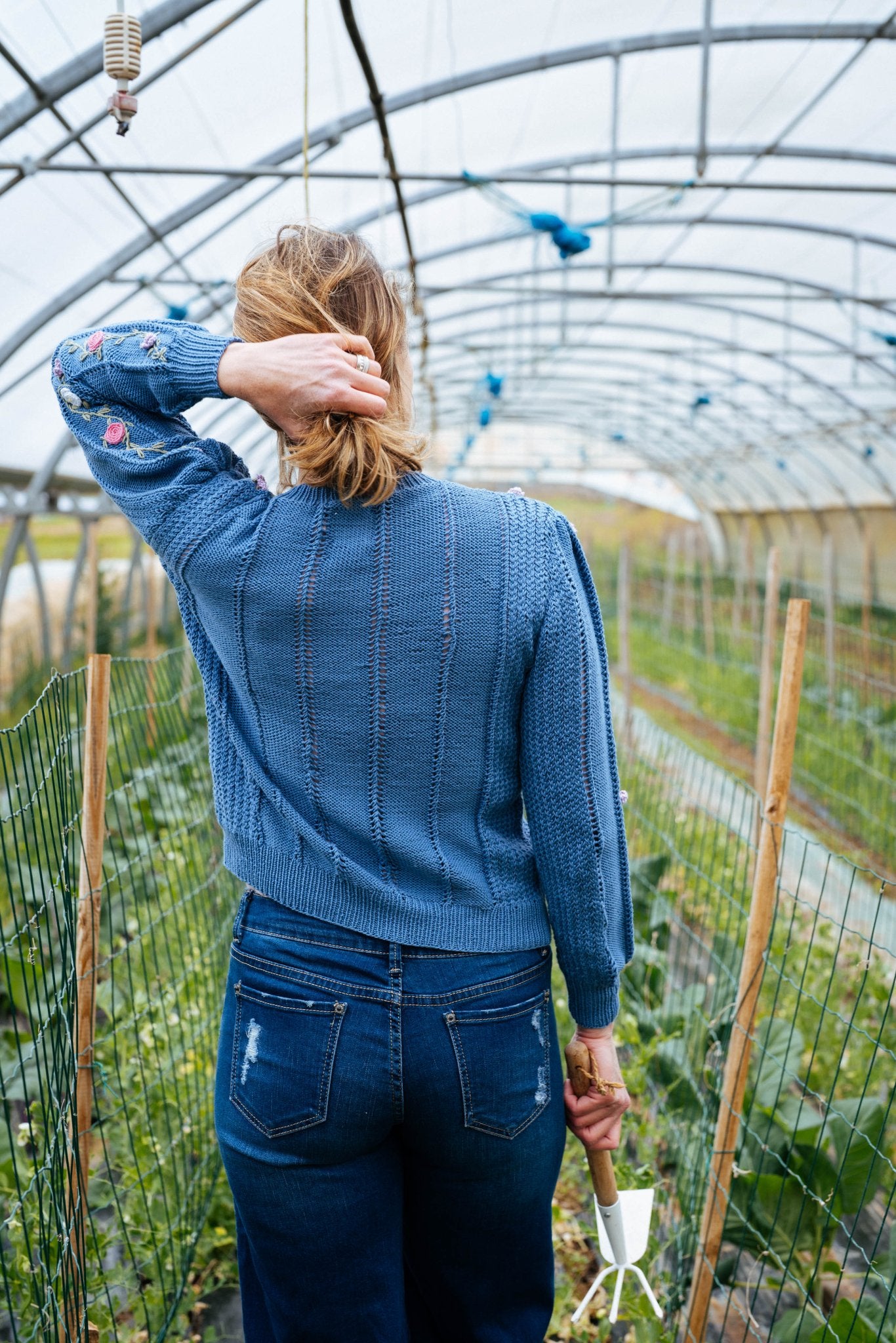 Rosina Cardigan Alpine Blue Organic Cotton | Hand Embroidered Knit