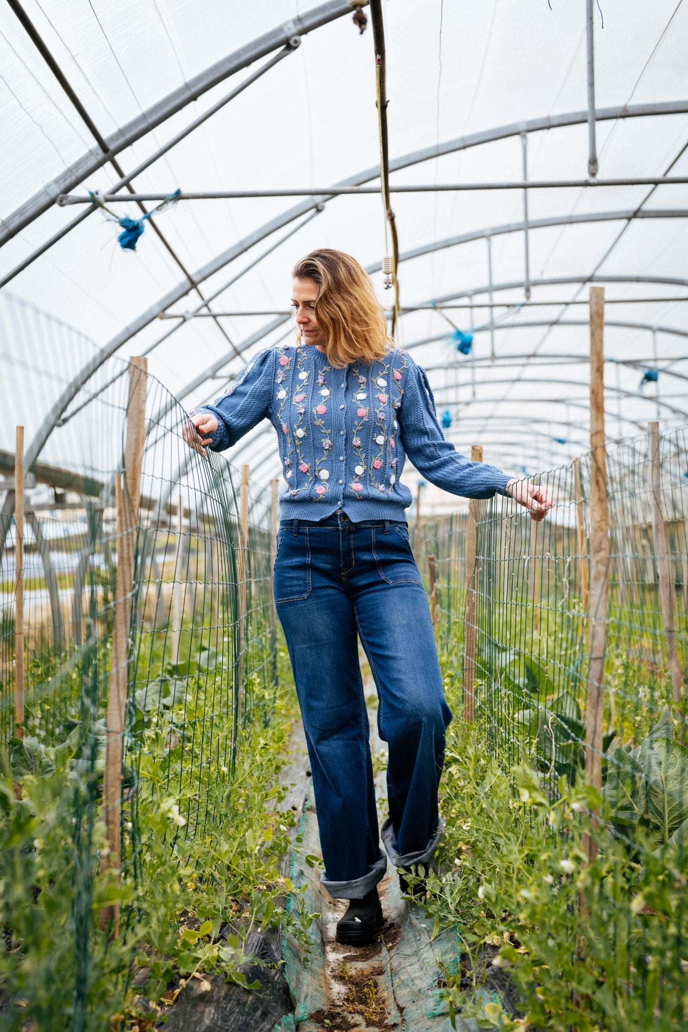 Rosina Cardigan Alpine Blue Organic Cotton | Hand Embroidered Knit