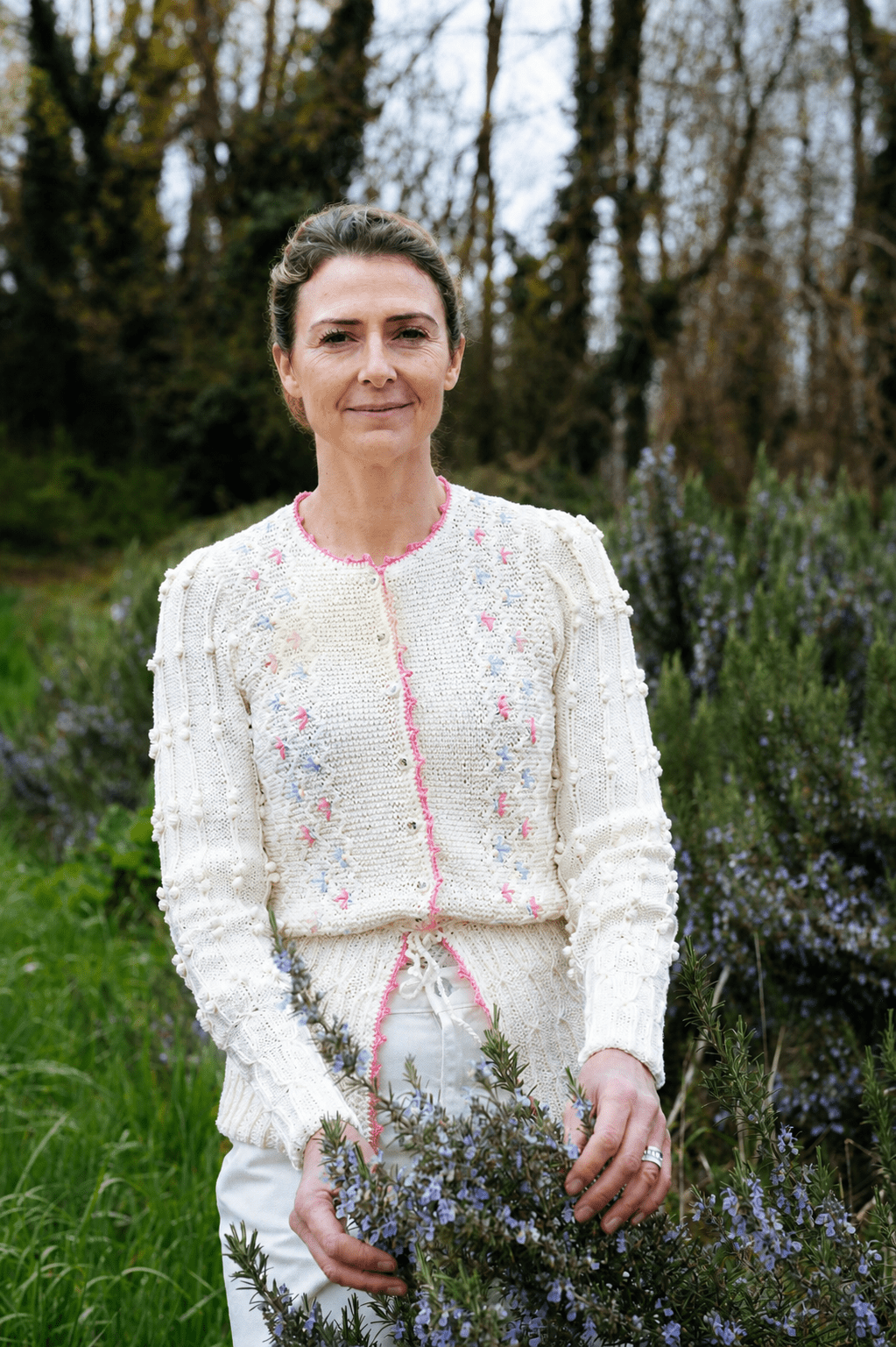 Seraphina Cardigan Cream Cotton - Hand - Knitted with Floral Embroidery - MICHAELA BUERGER