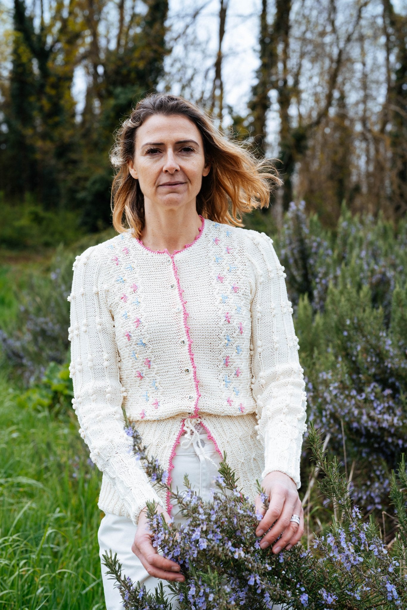 Seraphina Cardigan Cream Cotton | Hand - Knitted with Floral Embroidery - MICHAELA BUERGER