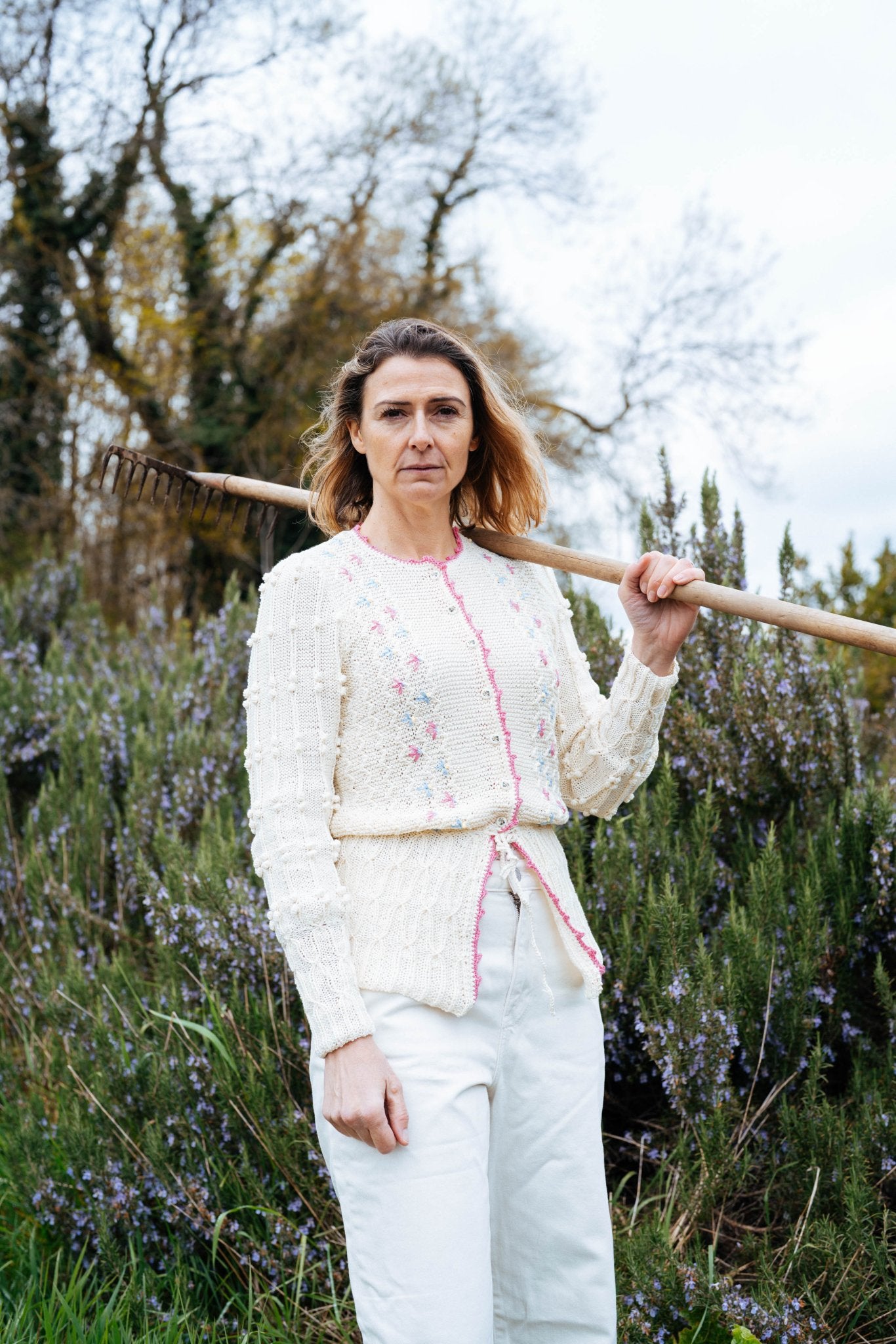 Seraphina Cardigan Cream Cotton | Hand - Knitted with Floral Embroidery - MICHAELA BUERGER