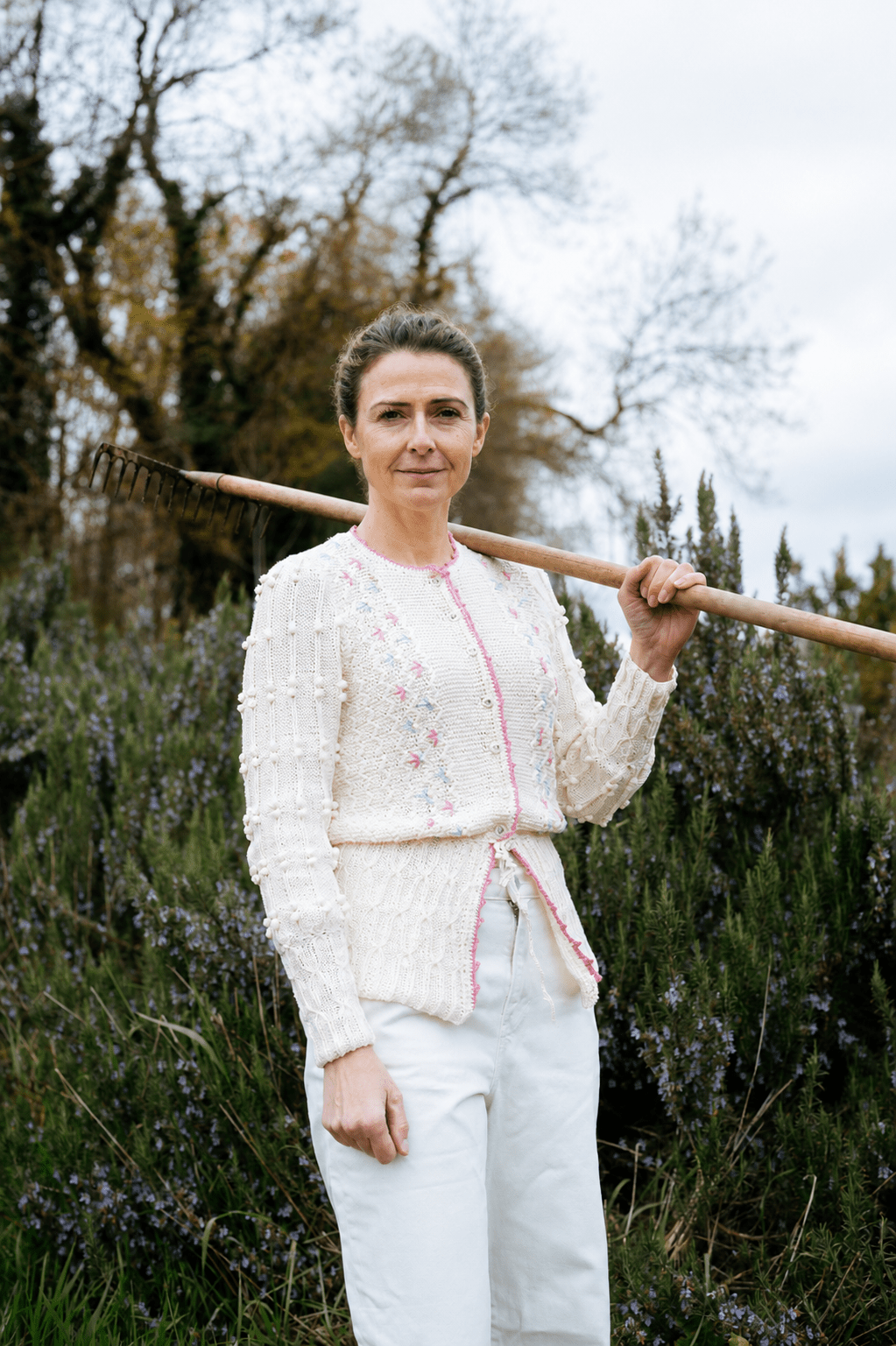 Seraphina Cardigan Cream Cotton - Hand - Knitted with Floral Embroidery - MICHAELA BUERGER