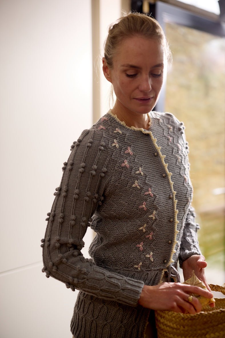 Detail of textured knit stitches and embroidery on Seraphina cardigan
