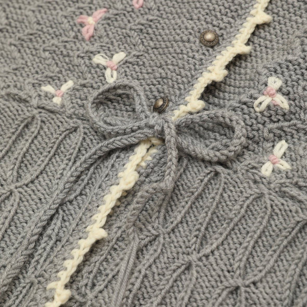 Detail of textured knit stitches and embroidery on Seraphina cardigan