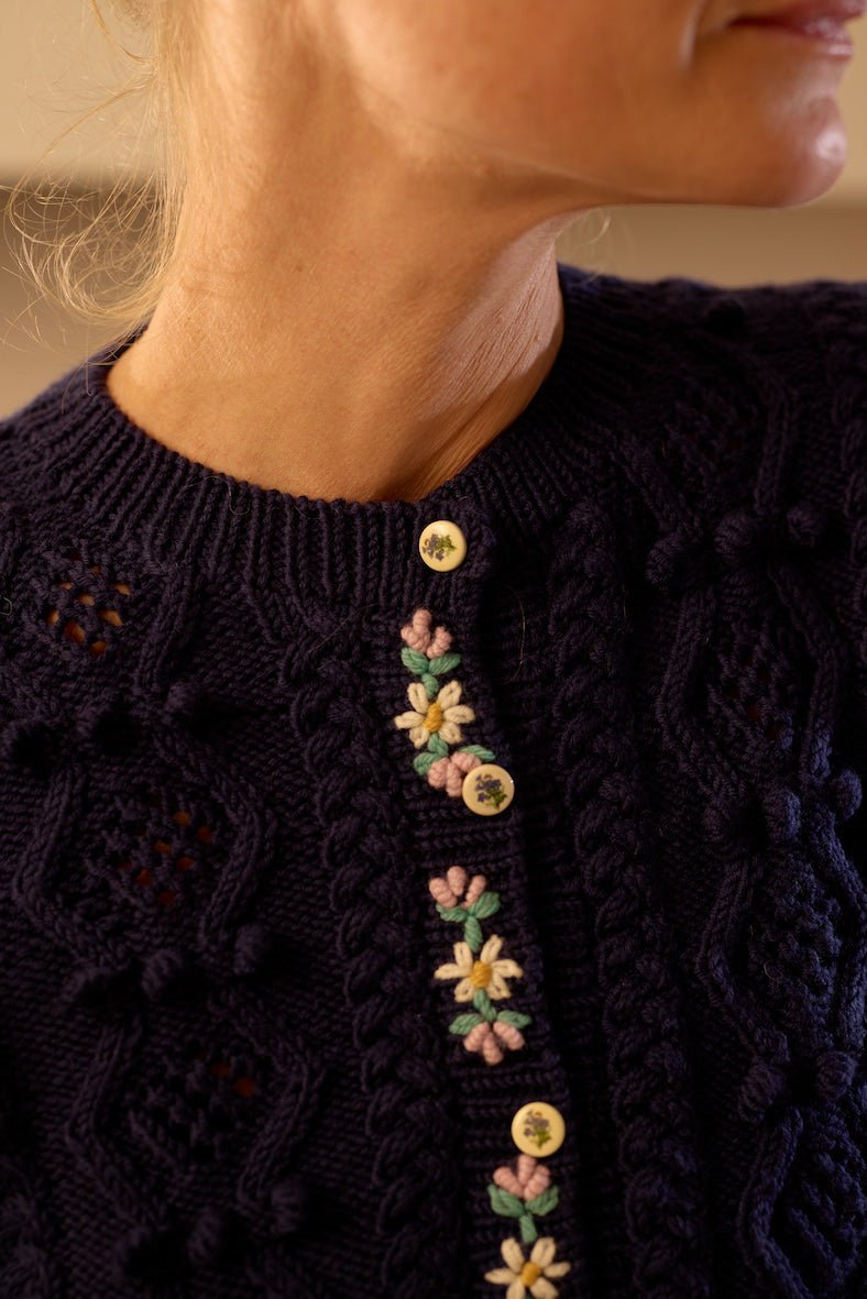 embroidered merino wool cardigan blue