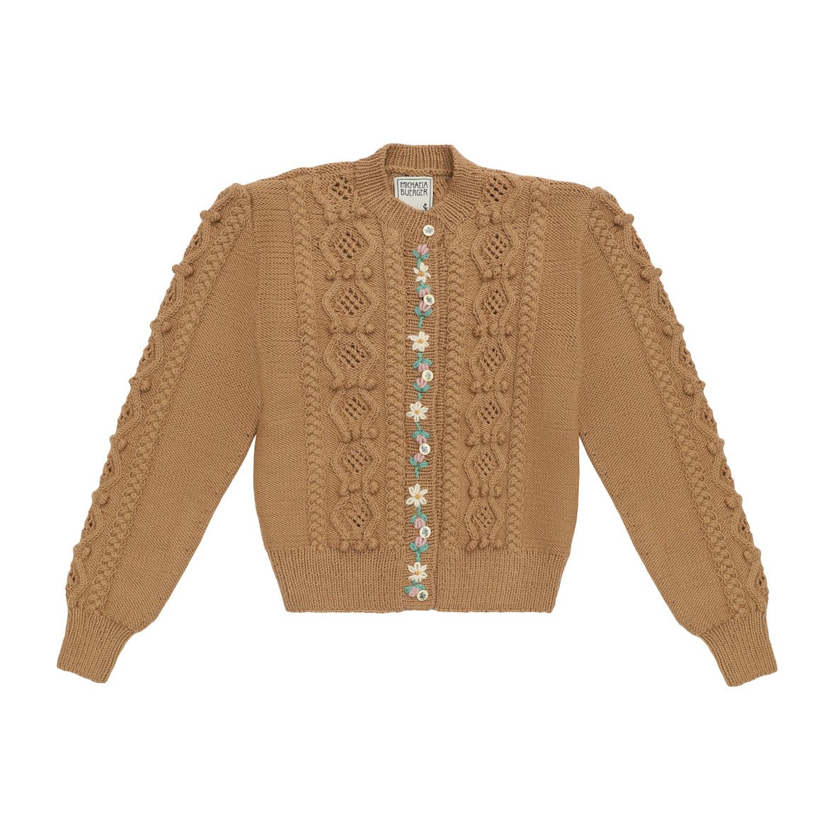camel merino wool cardigan embroidered detail